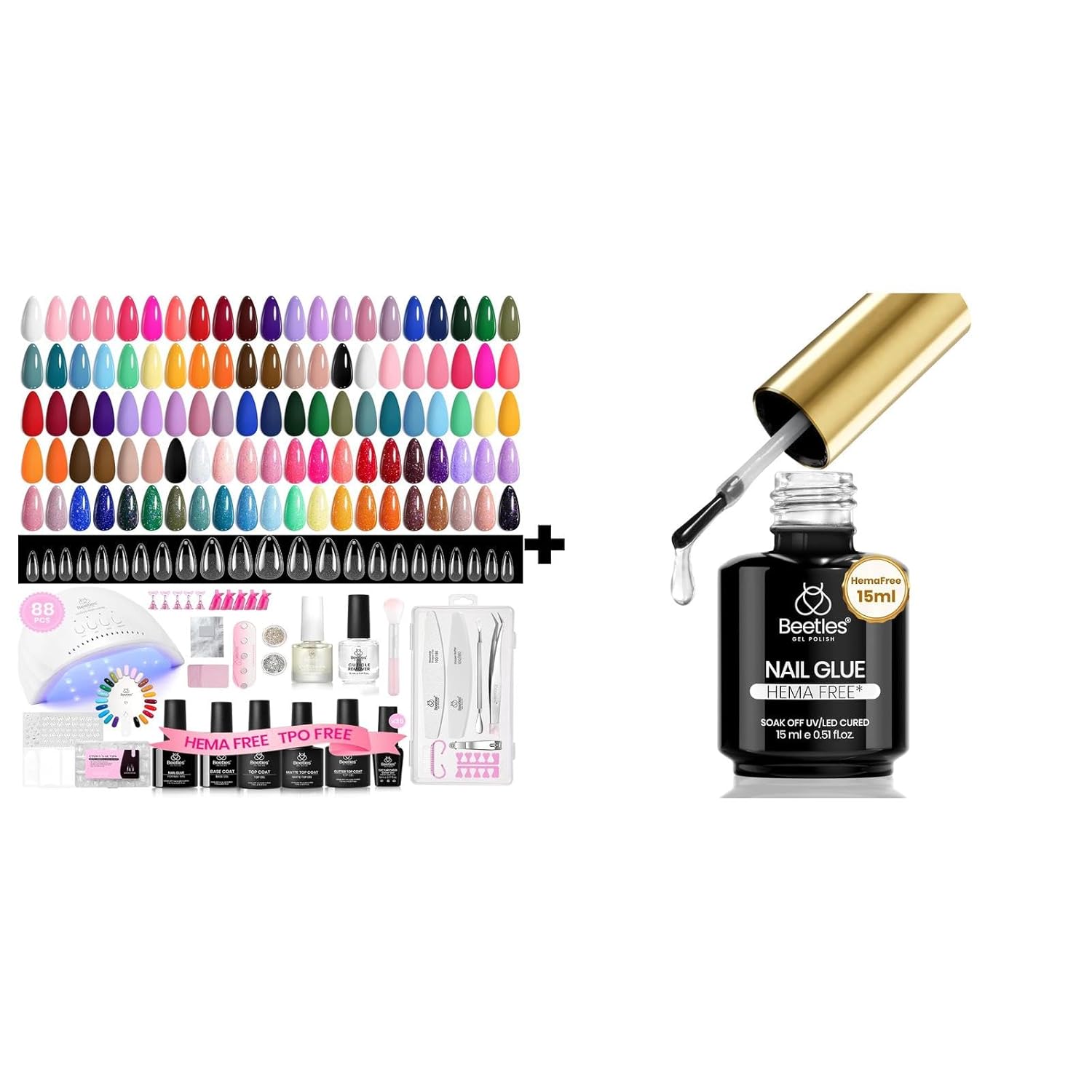Beetles Gel Nail Polish Kit 35 Colors, 288PCS Almond Nails Tips 88PCS Tools, Base and Top Set & HEMA-Free Nail Glue Gel 15ml, TPO Free Strong for Nails Tips