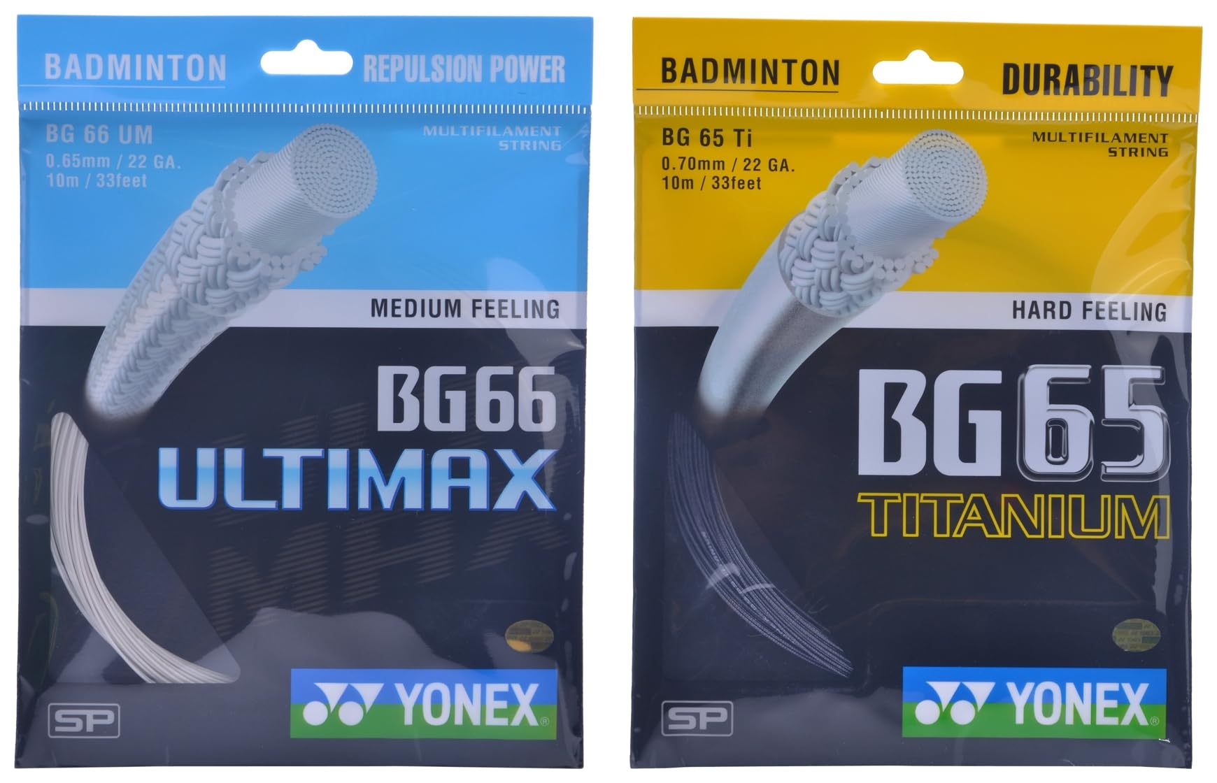 Yonex Ultimax BG 66 Badminton Strings, 0.65mm (Metallic White) & Yonex BG 65 Titanium Badminton Strings, 0.70mm (Black)