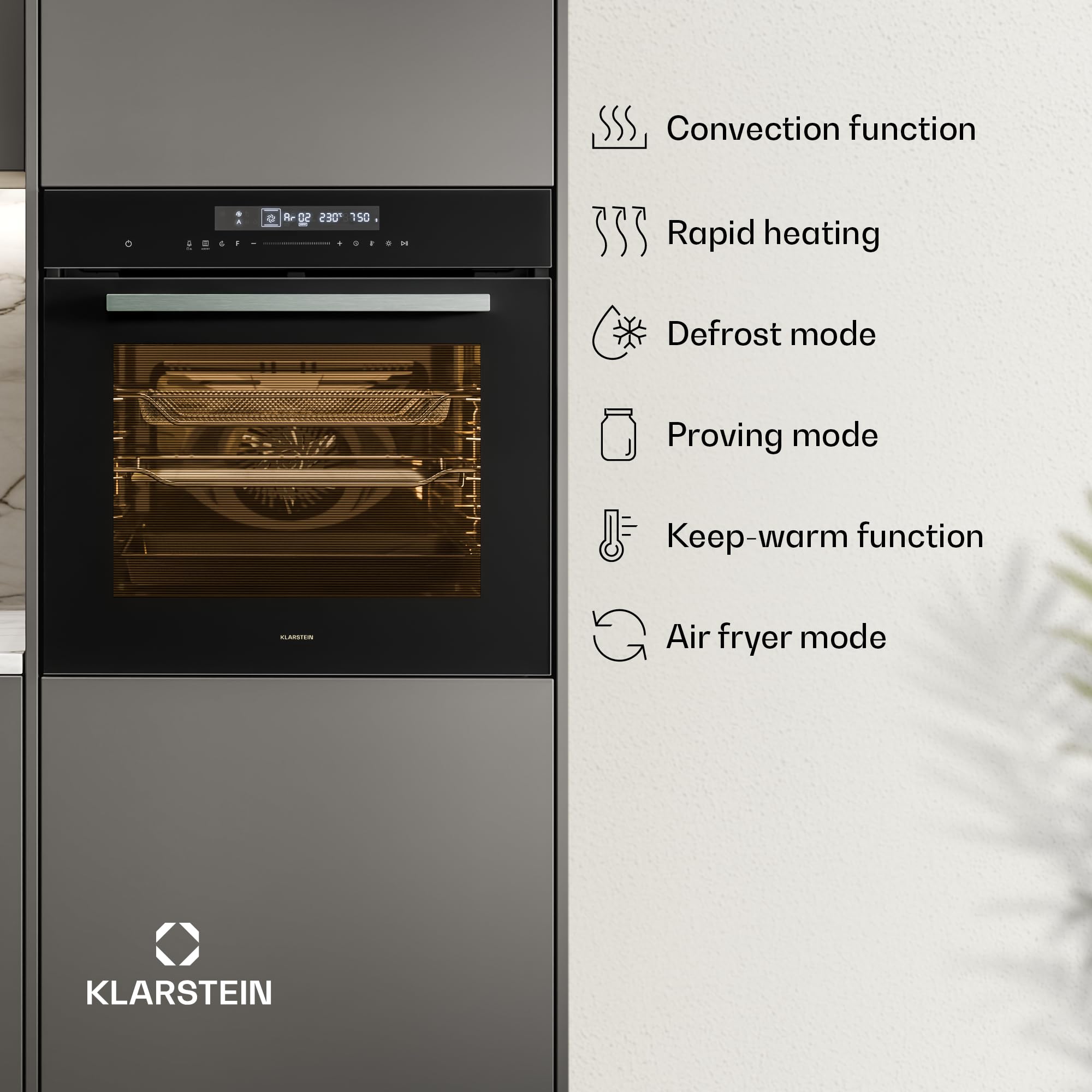 Klarstein Airjet piekarnik do zabudowy 60 cm - 72L, 13 trybów, funkcja Airfryer, sterowanie dotykowe, klasa energetyczna A++, emalia, timer, blokada rodzicielska, urządzenie do zabudowy, czarny