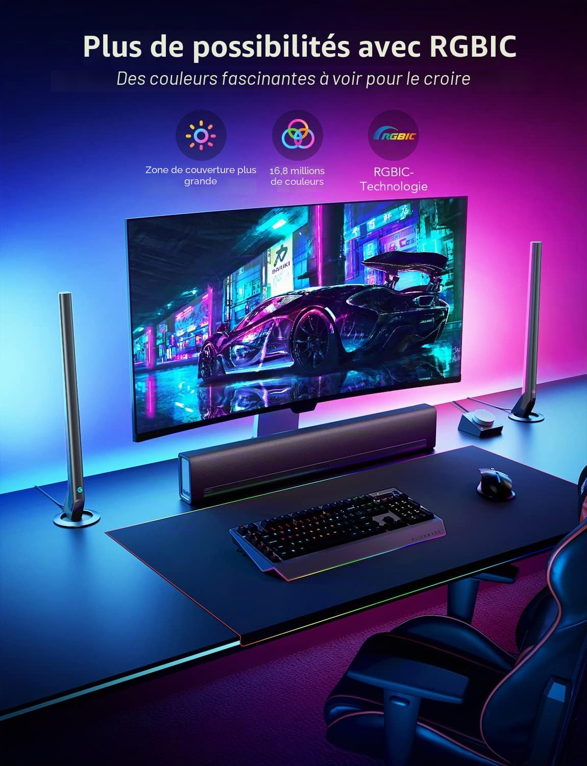 Govee RGBIC 42cm Gaming Lightbar pour PC avec synchronisation musique et contrôle APP, compatible Alexa Google Assistant