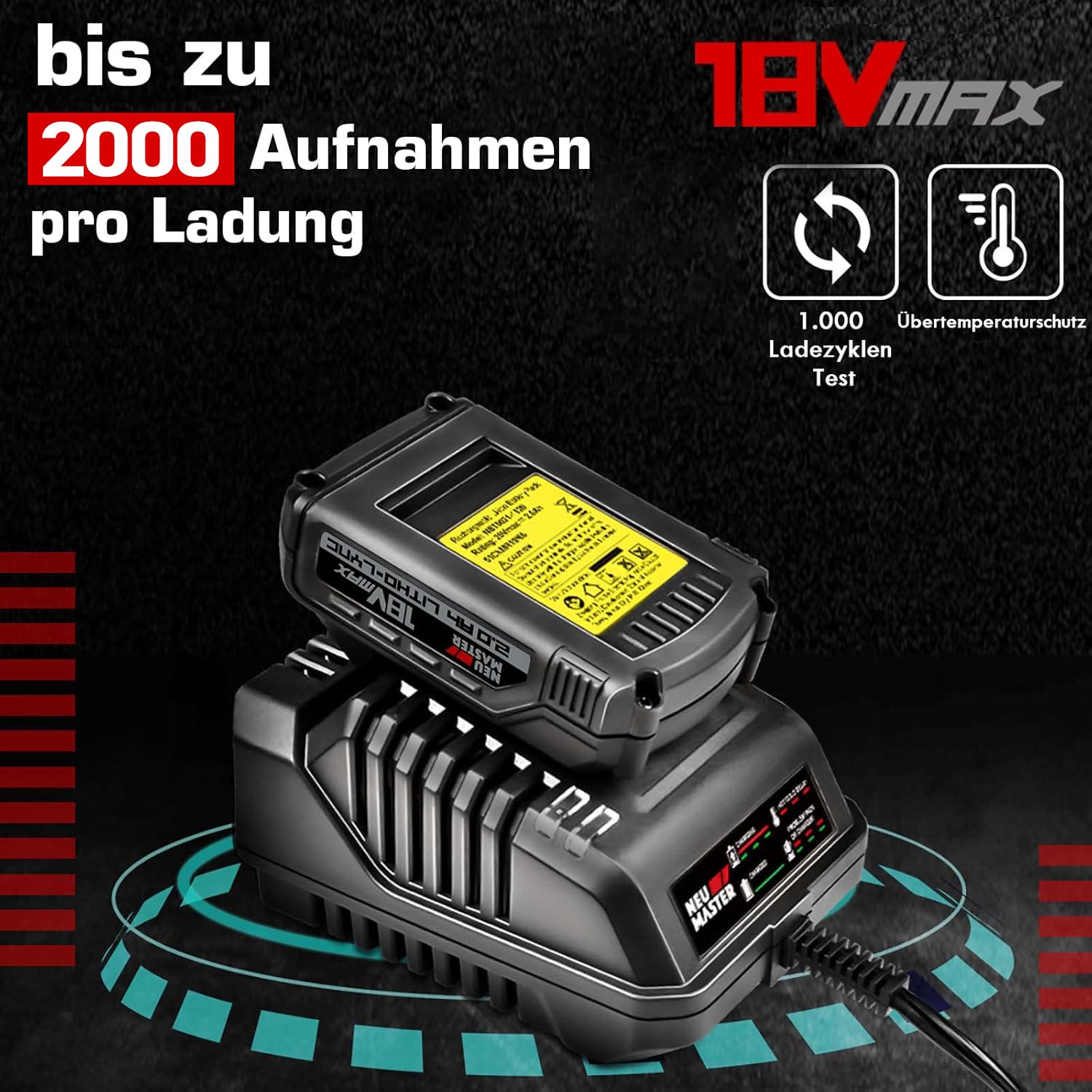 MASTER 18V System Akku Tacker Nagelpistole inkl. 2000mAh Akku, Schnellladegerät, 800 Nägel und 200 Klammern