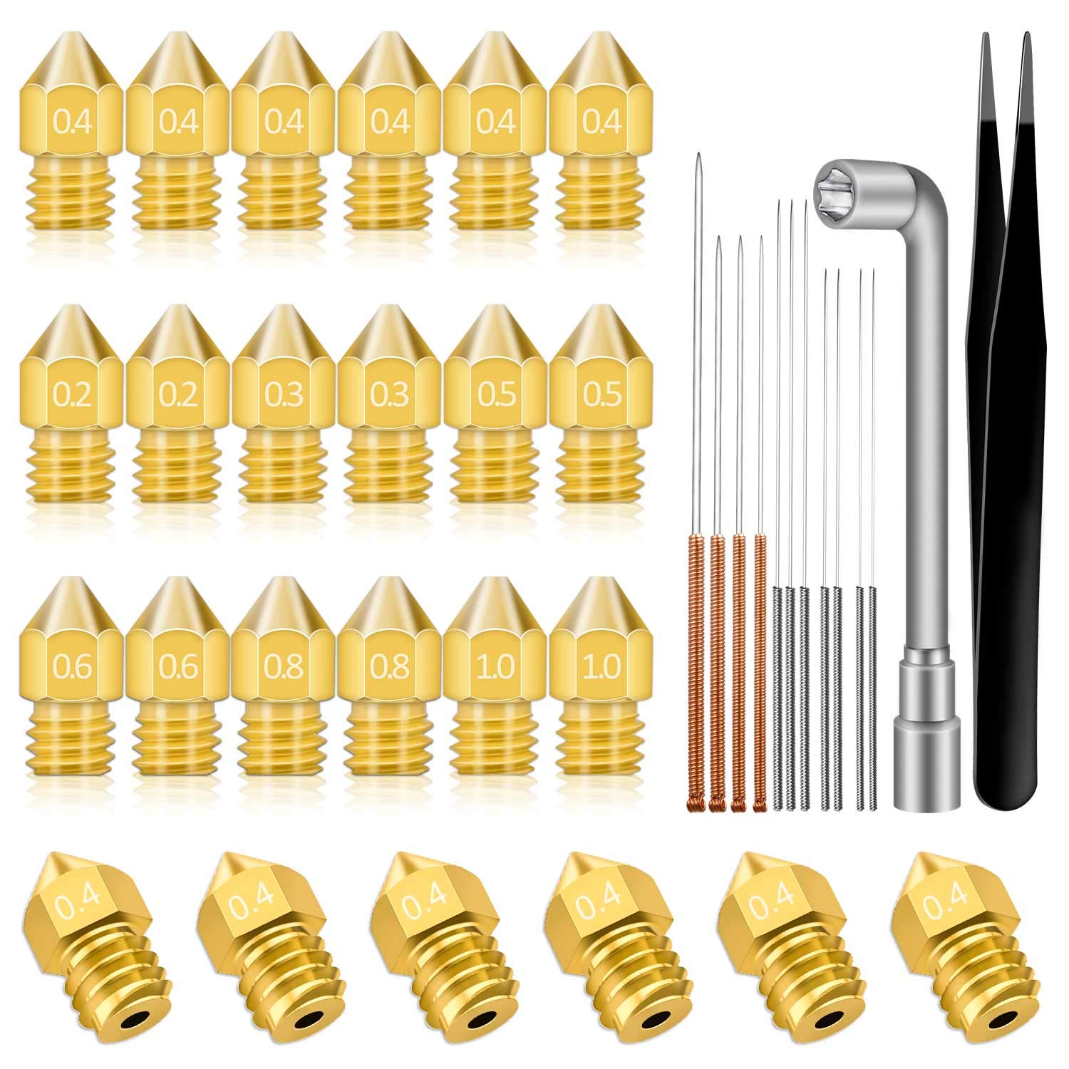 Hakkin 37Pcs 3D Printer Nozzles Brass MK8 Extruder Nozzles 0.2mm, 0.3mm, 0.4mm, 0.5mm, 0.6mm, 0.8mm
