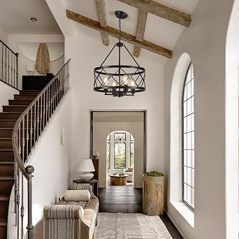 Black Chandelier 4-Light, Farmhouse Chandeliers Ceiling Lights Living Room, Rustic Drum Chandelier Farmhouse Hanging Lighting Pendant for Dining Room Hallway Foyer Bedroom
