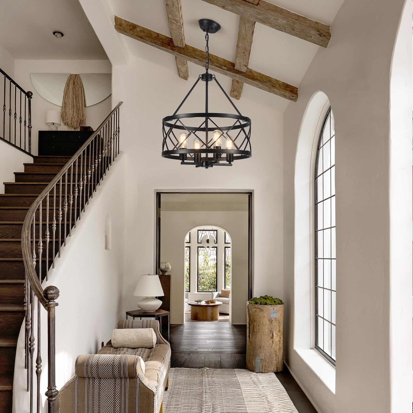 Lampadario Nero a 4 Luci, Lampadari in Stile Rustico Lampade da Soffitto per Soggiorno Lampadario Tamburo Lampada Sospensione per Sala da Pranzo, Corridoio, Ingresso, Camera da Letto