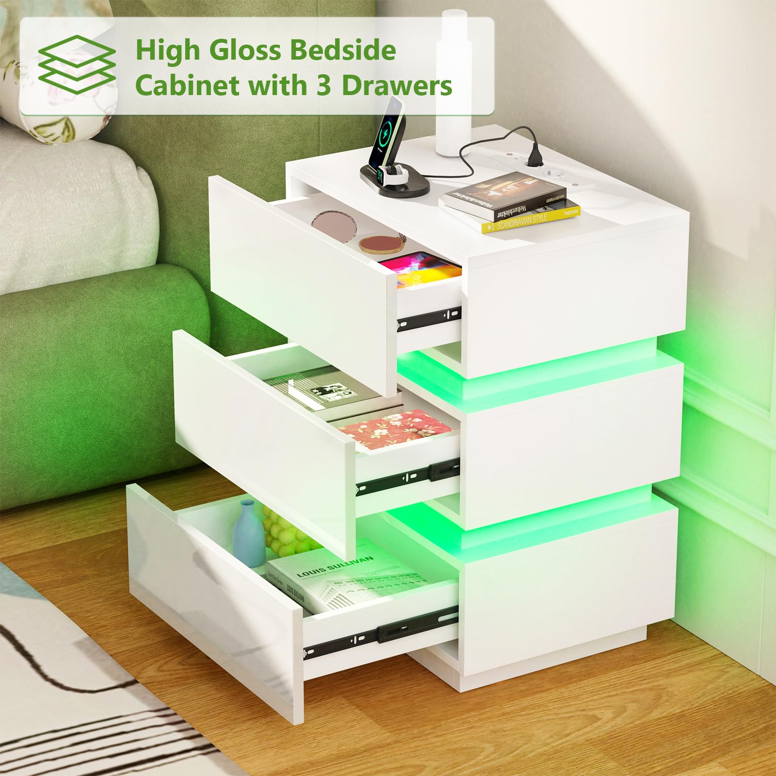 2er Set Nachttisch mit Steckdose und led, Nachtschrank mit USB und ladefunktion, Nachtkommode mit 3 Schubladen (45x35x62cm, Weiß)