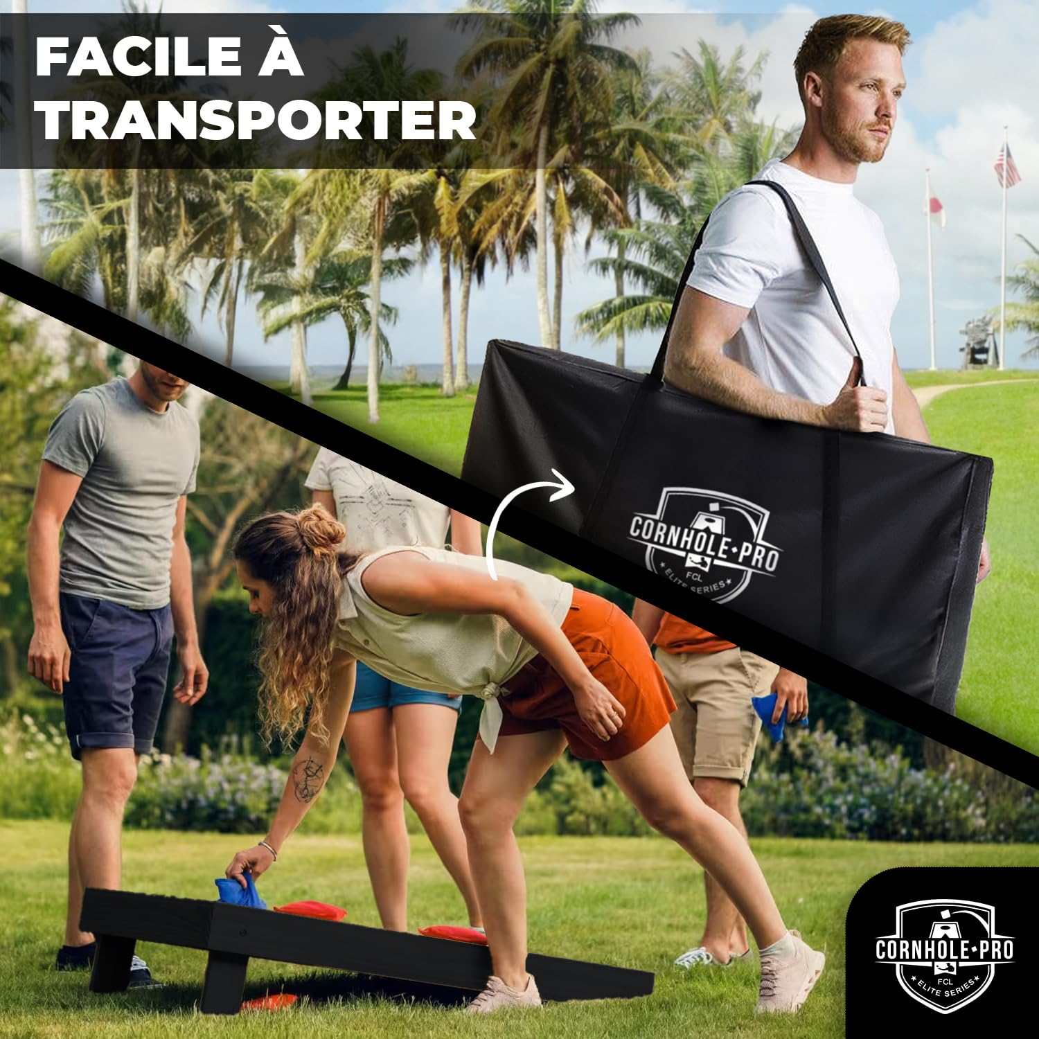 Cornhole Officiel – 90×60 cm – Plateaux Premium + 8 Sacs – Set Complet avec Housse de Transport – Jeu Extérieur Adulte pour Jardin, Plage, Camping – Original Corner