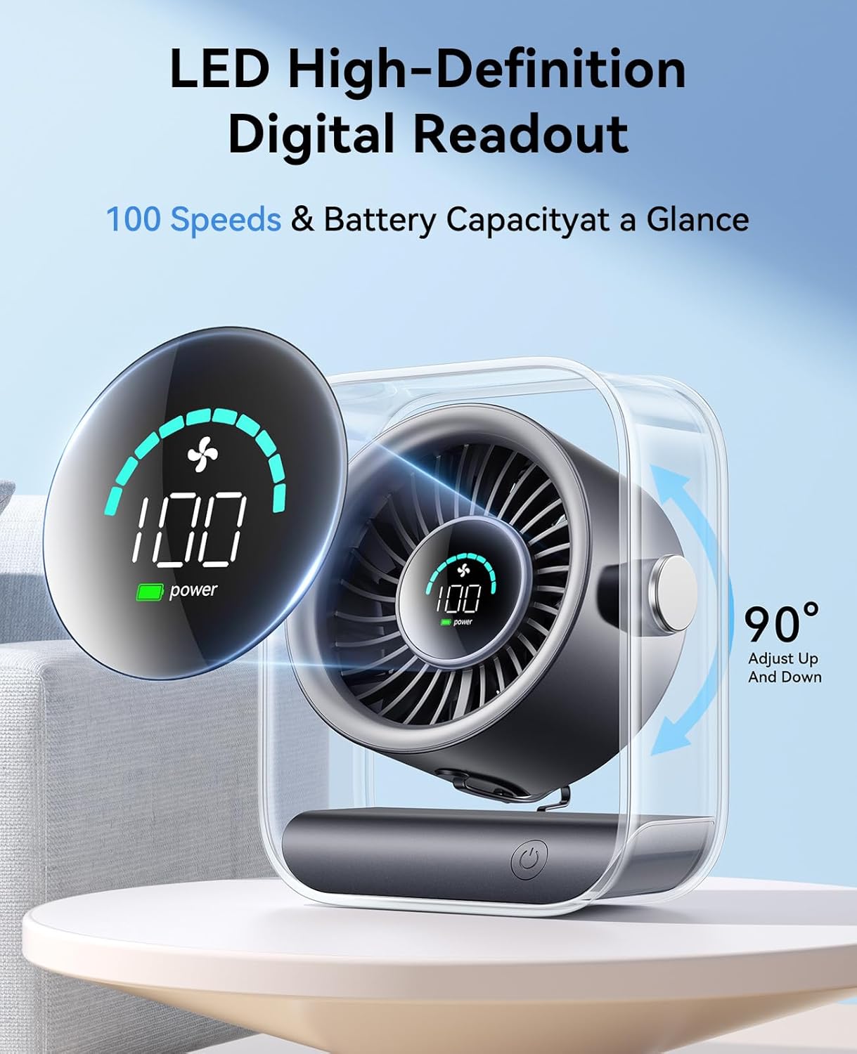 DIGIX Portable Desk Fan for Bedroom, Rechargeable Small Table Fan with 100 Speeds, 90° Rotation, Turbo Airflow, LED Display, Quiet Personal USB Cooling Fan for Office Home Travel Camping, Black