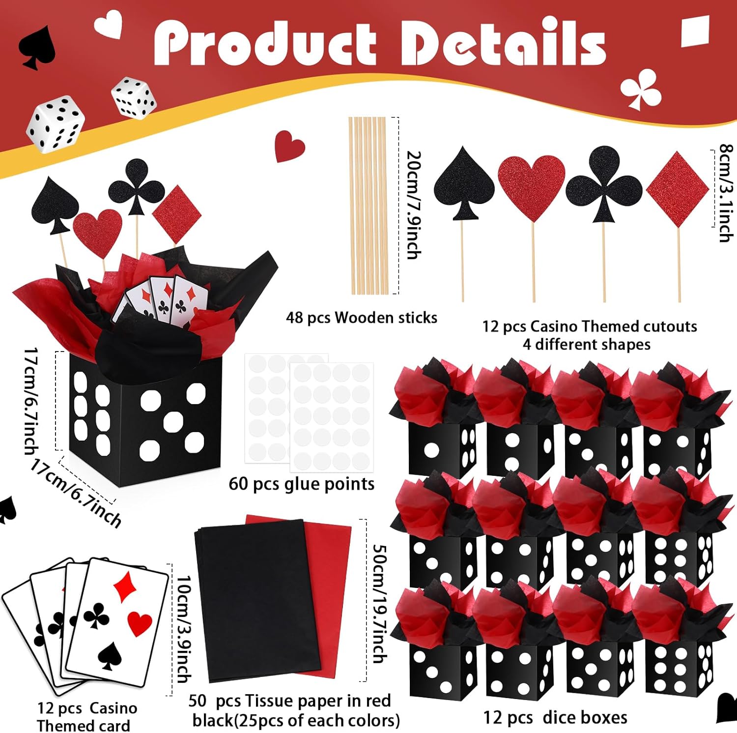 WinnerWhy 12 Sets Casino Theme Party Decorations 6. 7'' Paper Black Dice Boxes Casino Night Table Centerpiece with Poker Sticks Cutouts for Poker Birthday Party Supplies