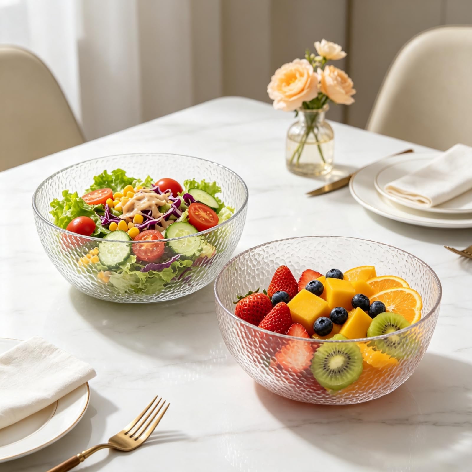 Ensaladeras acrílicas de 134 onzas, cuencos de servir de 9.5 pulgadas para frutas, palomitas de maíz, patatas fritas, salsas, condimentos, juego de 2 unidades, circulares transparentes