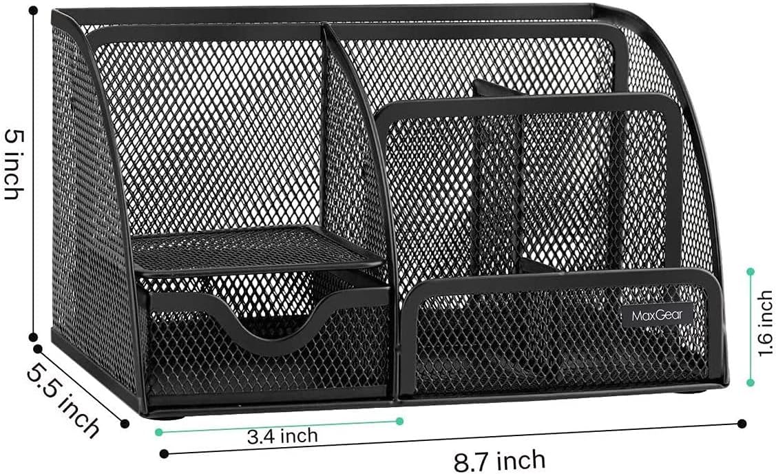 MaxGear Mesh Desk Organizer Office Desktop Organizer with Drawer, Metal Stationary Organizer Black Desk Caddy, 6 Compartments, 8.7 x 5.5 x 5 inch, 1 Pack : Office Products