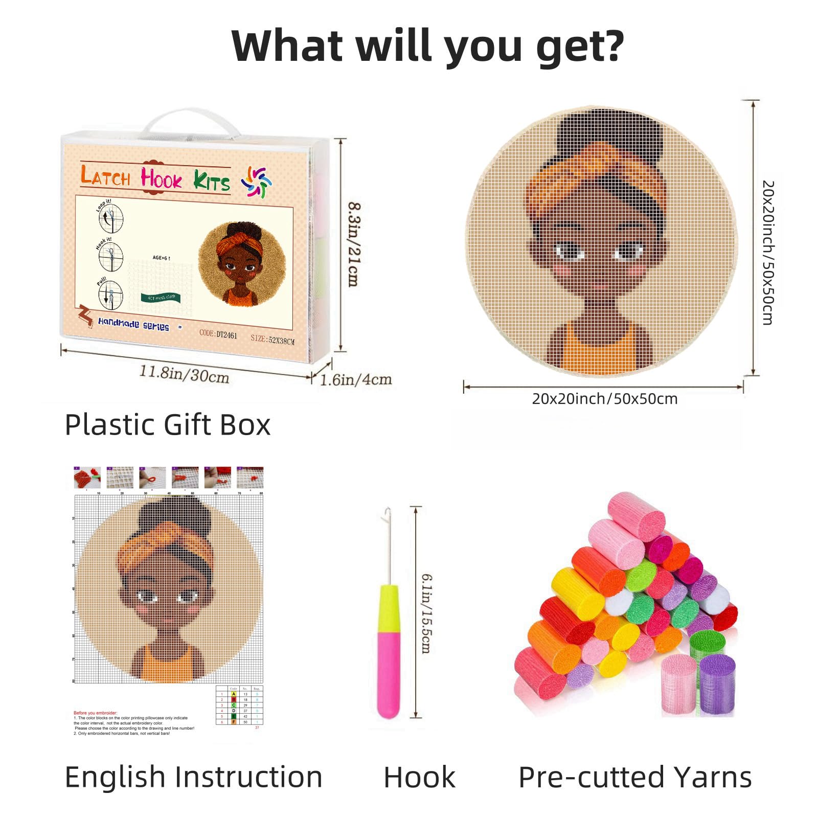 Latch Hook Rug Kit Little African Girl Stamped Handmade Round Shape Carpet Crochet Yarn Craft DIY Hook and Latch Door Mat Tapestry for Christmas Home Floor Decor 50x50cm(1)