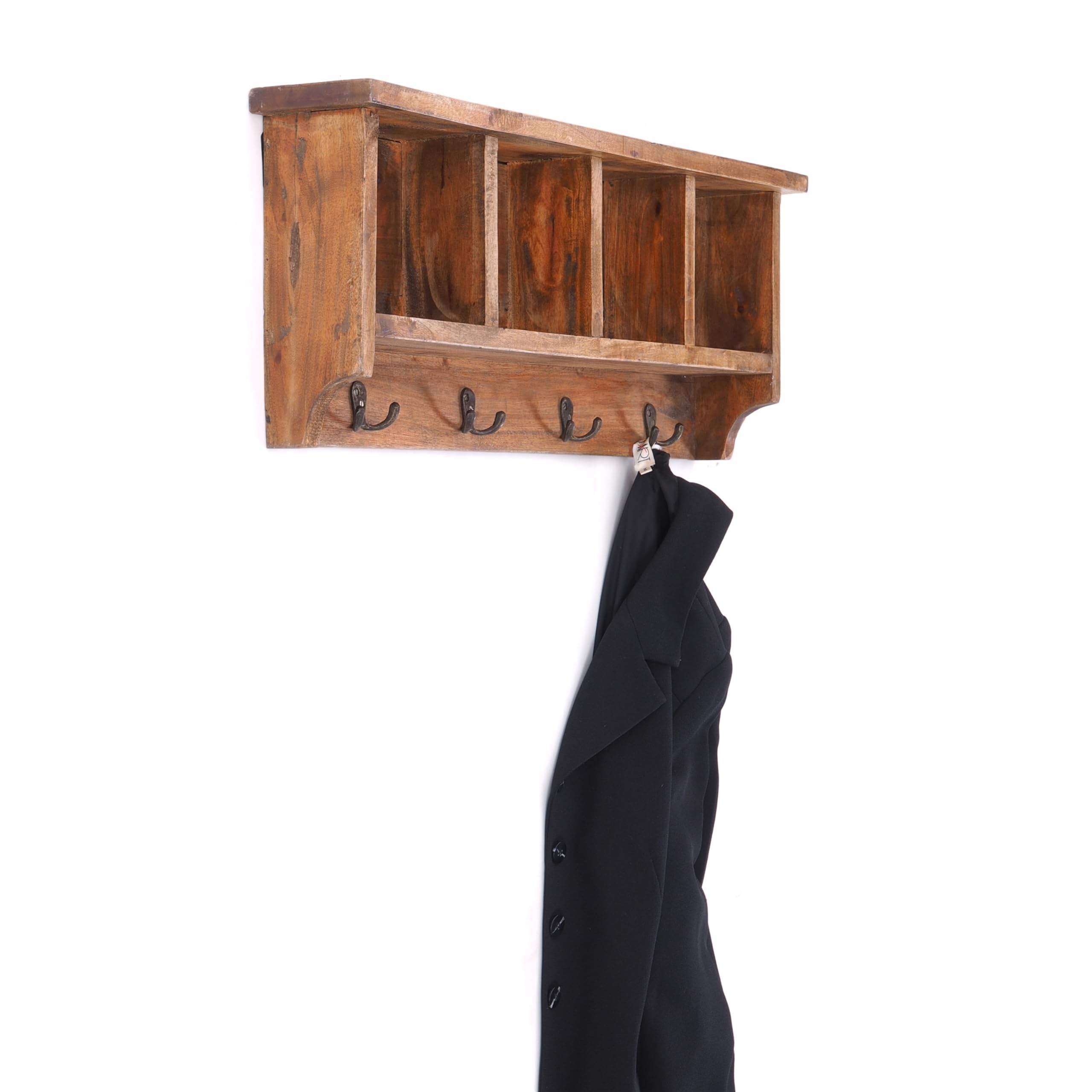 Appendiabiti da parete in legno riciclato Vintage 70, con mensola, 70 x 27 x 11 cm (L x A x P), stile rustico