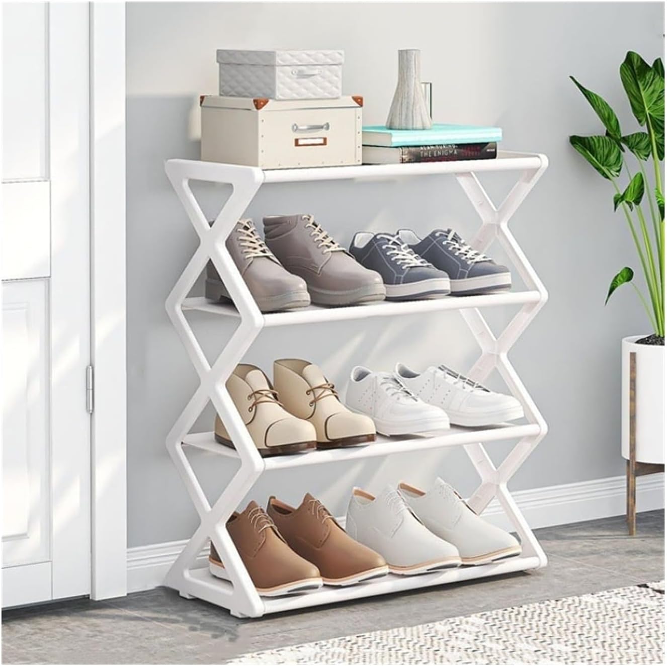 GLigeT Shoe Racks Storage 4-Tier Freestanding Shoe Rack, Entryway Shoe Storage Shelf Organizer with Steel Pipes and Shape Fixed Frame, for Convenient Shoe Organization Shoe Organizer Shelf(White)