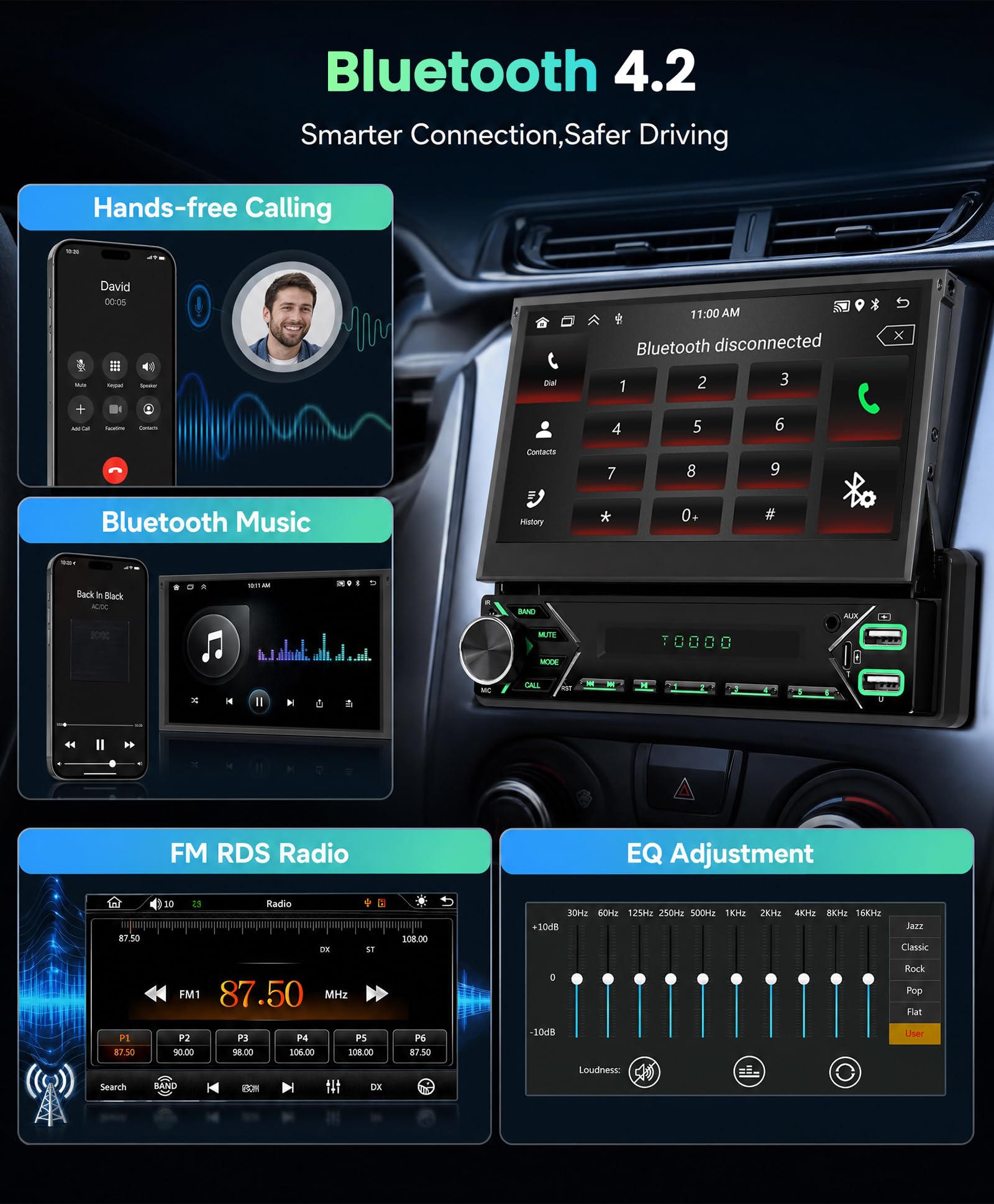 SIXWIN 2+64G Android 13 1 DIN Radio con Pantalla, 7 Pulgadas Radio Coche Pantalla Extraible Manual con Carplay/Android Auto/WiFi/GPS/Bluetooth/Mandos Volantes/FM/RDS/USB/Type-C/Aux