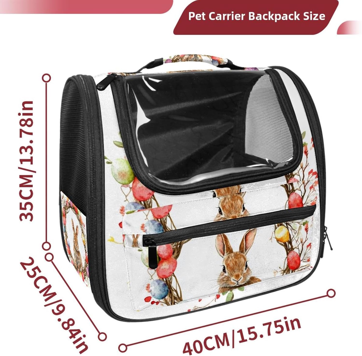 Easter Wreath and Rabbit (1) Cat Backpack Carrier, Pet Backpack for Dog Cat Puppy Kitty, Travel Carrier for Hiking Walking Outdoor Use