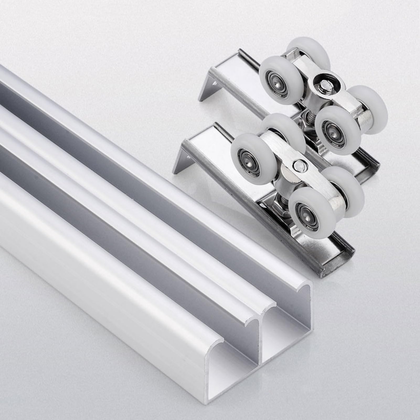 Zestaw aluminiowych podwójnych drzwi przesuwnych, 1-6,6 m, do szafy, stodoły/sypialni, cichy, gładki, z kółkami i prowadnicą (szampański h, 5,7 m / 18.7ft)