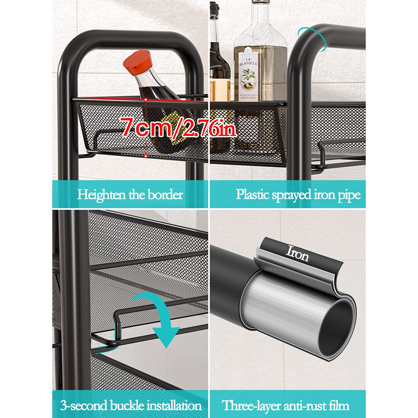 Carrello Girevole di Rete Metallica a 4 Ripiani, Scaffale con Ruote, Carrello Portaoggetti con 4 Ganci e 4 Cestelli in filo Rimovibili, Carrello Portaoggetti Organizzatore per Cucina, Soggiorno, Bag