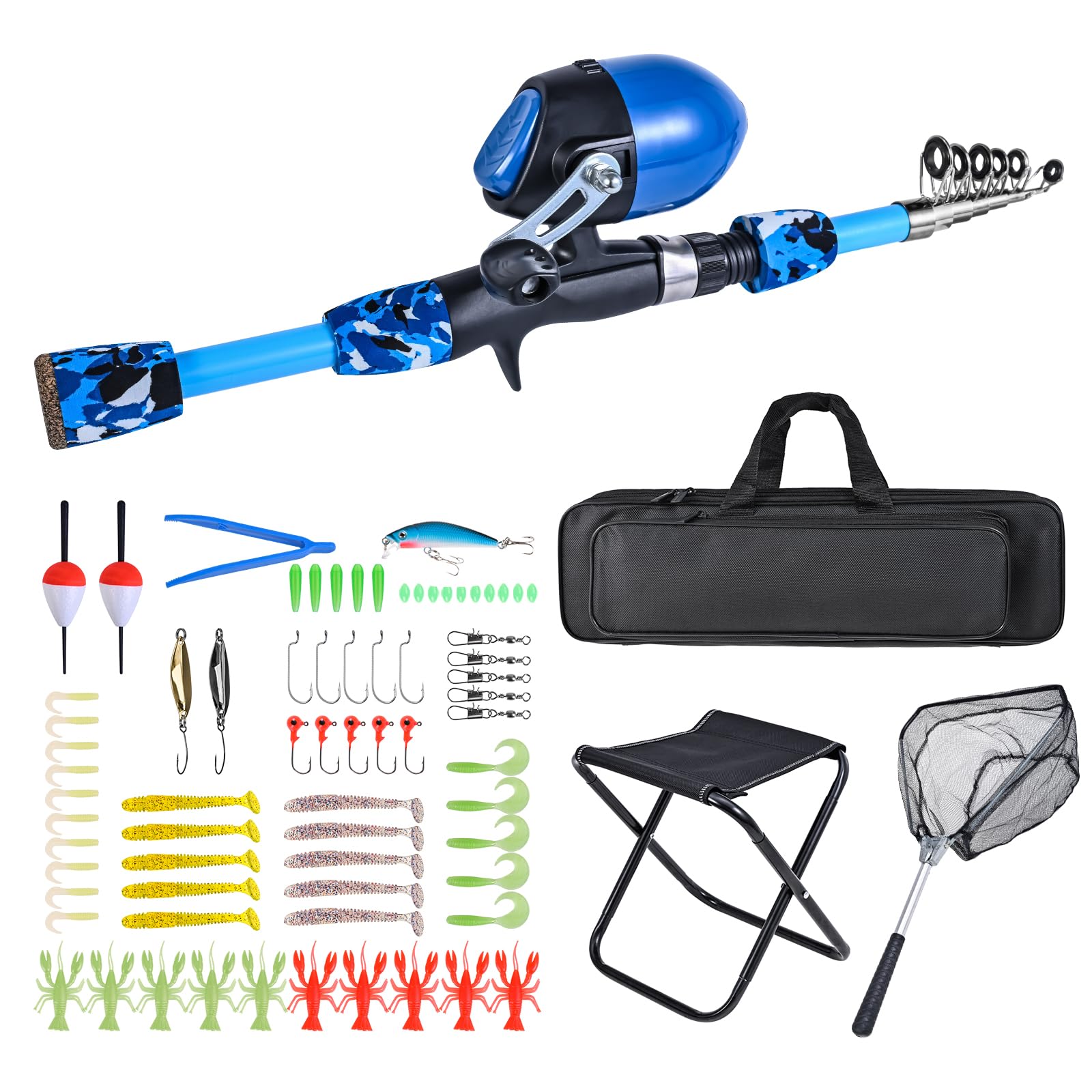 Lixada Canna da pesca e mulinelli per bambini con sgabello pieghevole da pesca, retino, canna da pesca telescopica, scatola da tacchetta, accessori per ragazzi e ragazze