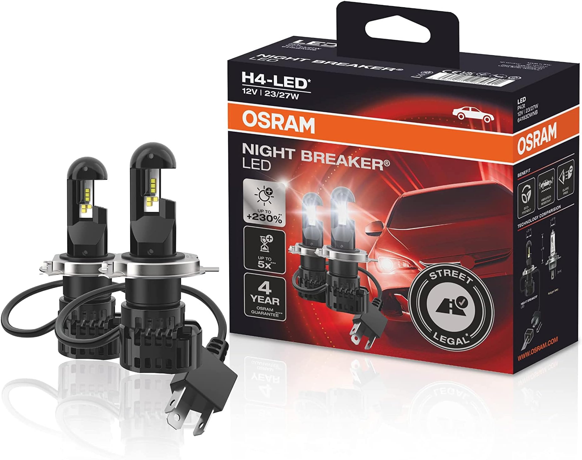 Night Breaker H4 LED; Up to 230 Percent More Brightness, Legal Low and High Beam with Road Legal in Germany and Austria, Black