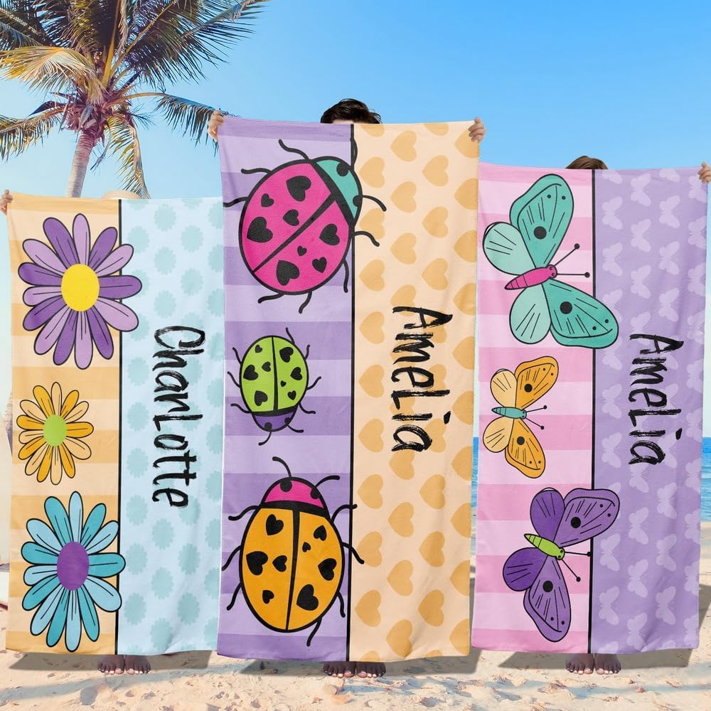 Loosusu Personalised Beach Towels for Kids - Custom Beach Towels with Monogram & Name- Ultra Absorbent Super Soft Swimming Towels for Kids,Customised Bath/Pool/Beach Towel for Boys Girls(Butterfly)
