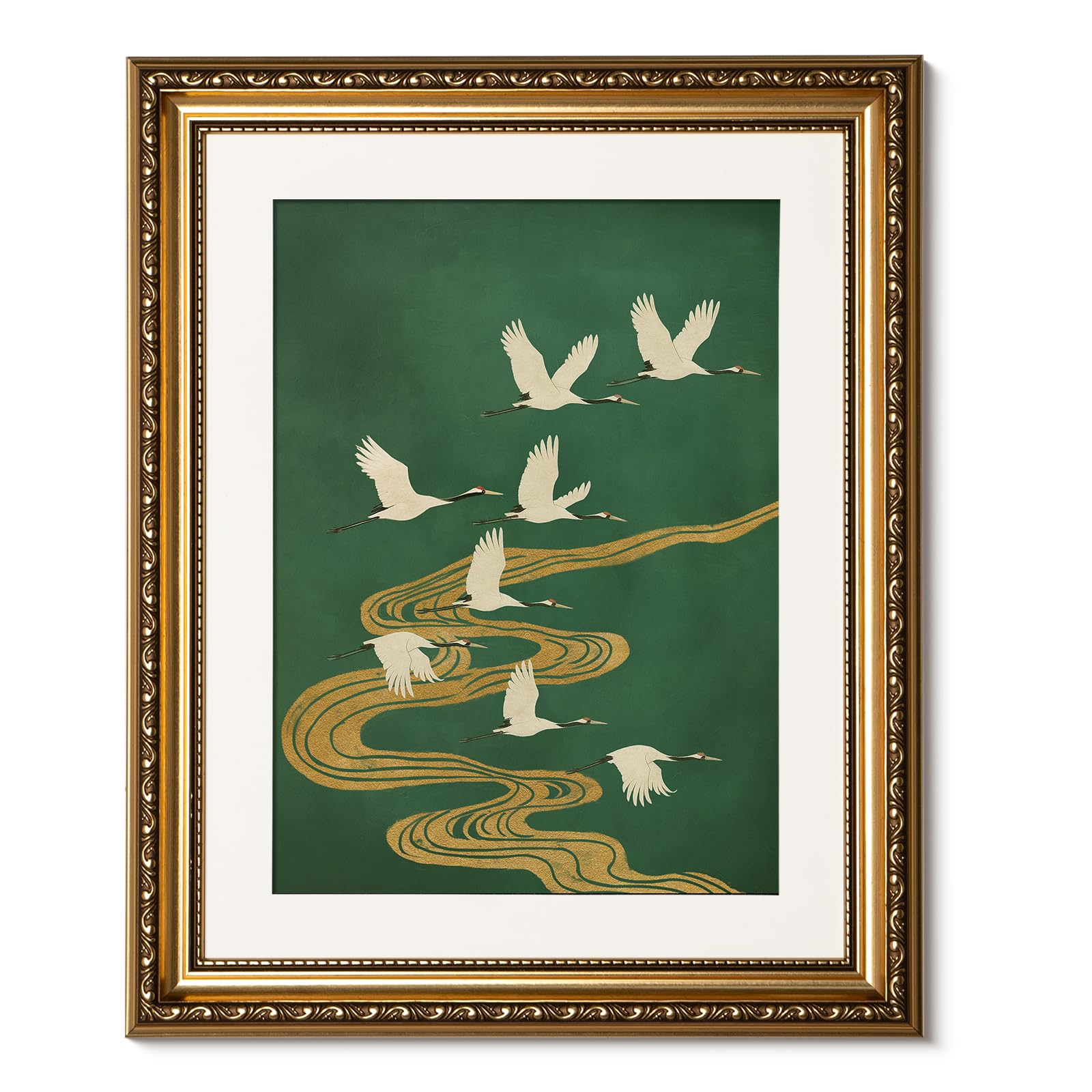 ARPEOTCY Vintage Gold Framed Wall Art Decor, 13x16 Inch Elegant Crane and Golden Stream Canvas Print, Oriental Bird Painting for Living Room Bedroom Office — image 1