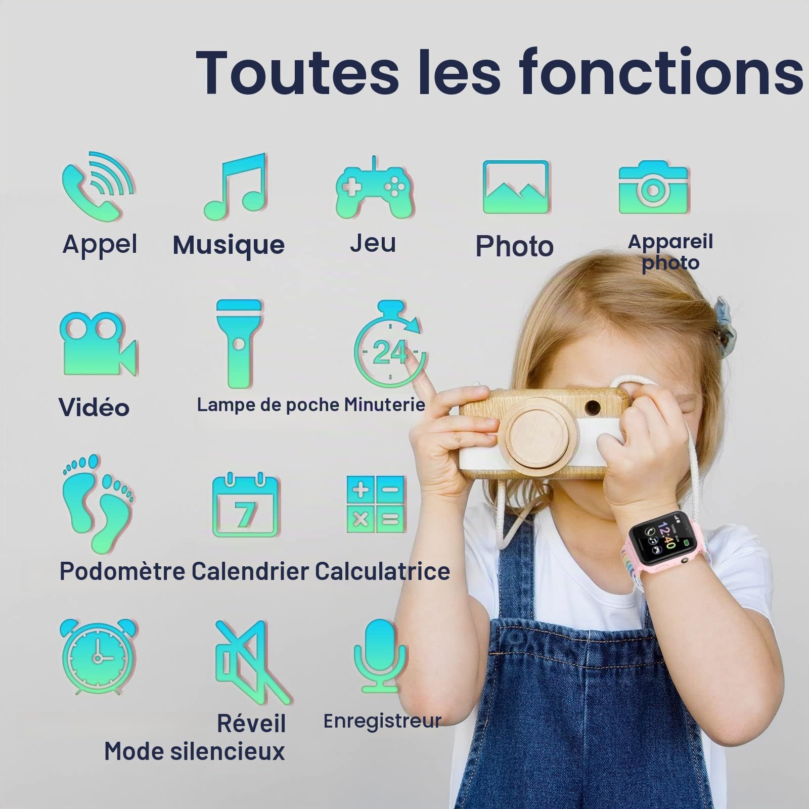 PTHTECHUS Montre Connectée Enfant, Montre Enfant Fille Garçon avec Sangle en Nylon 10 Jeux SOS MP3 Musique Caméra Vidéo Réveil Chronomètre Calendrier Calculatrice, Cadeaux pour Garçons et Filles