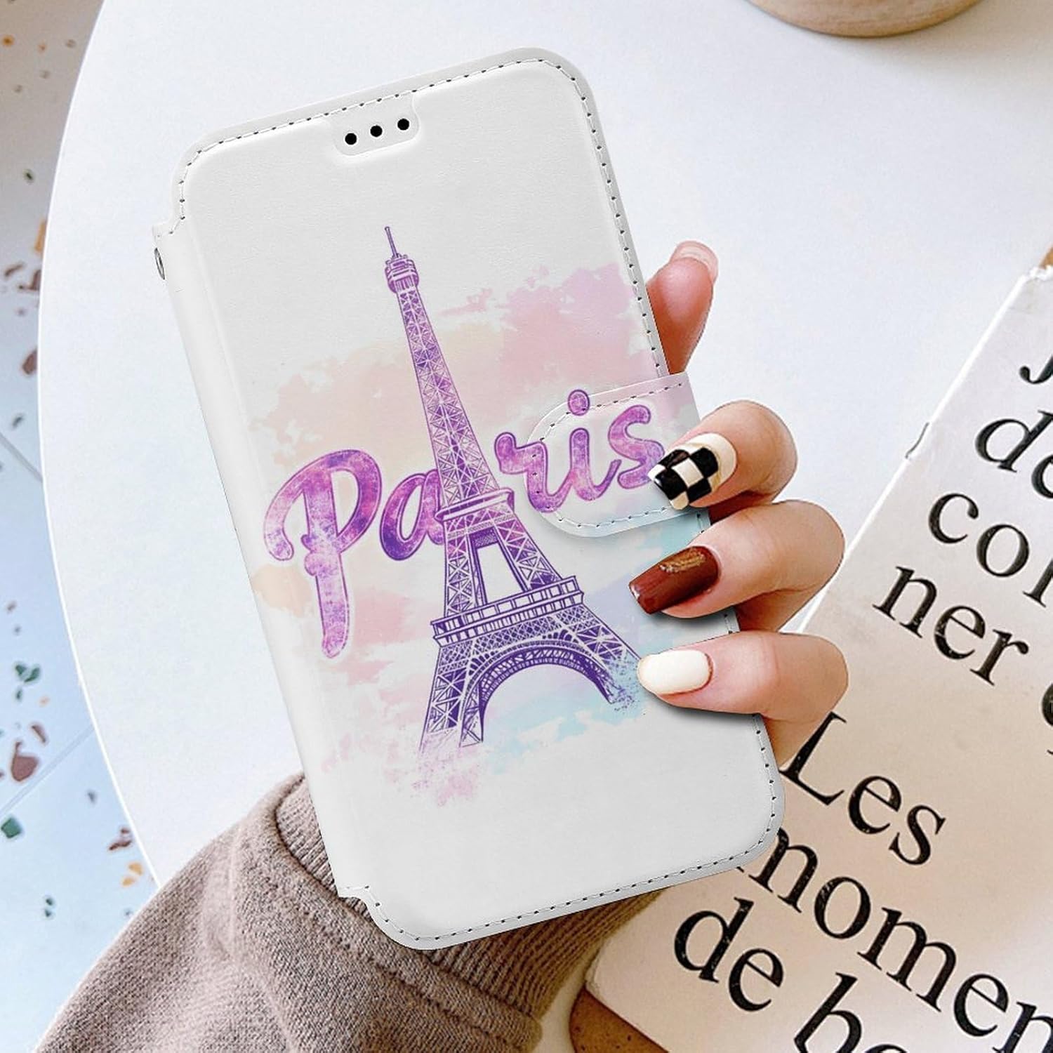 Dreamy Paris Eiffel Tower Compatible with iPhone 16/16 Plus/16 Pro/16 Pro Max/16 E Case Phone Wallet Card Holder Flip Cover with Wrist Strap