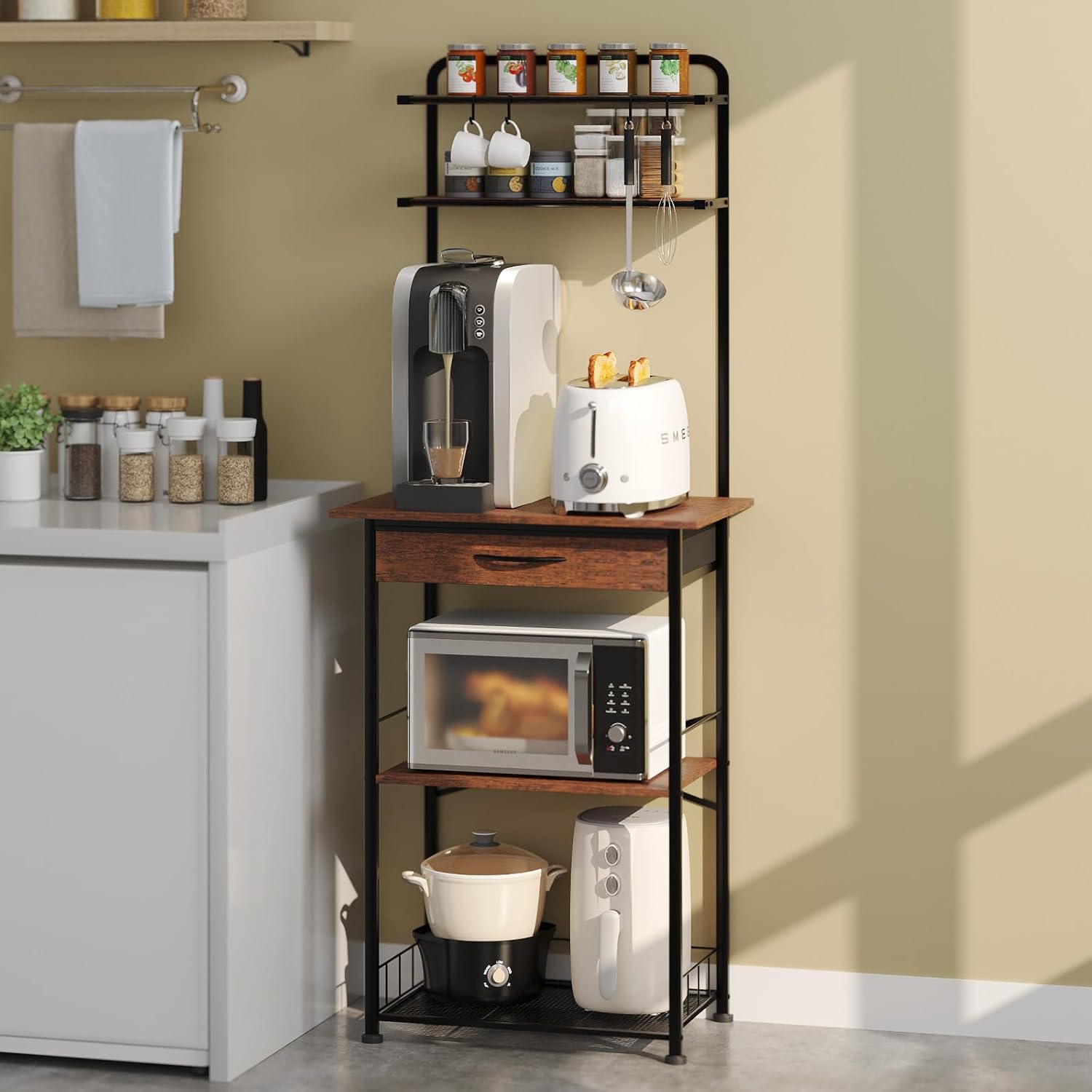 Coffee Bar Station – Bakers Rack with Fabric Drawer, Microwave Oven Storage Stand, Bakers Rack for Coffee Stand Station, Home Kitchen Organizer, Brown