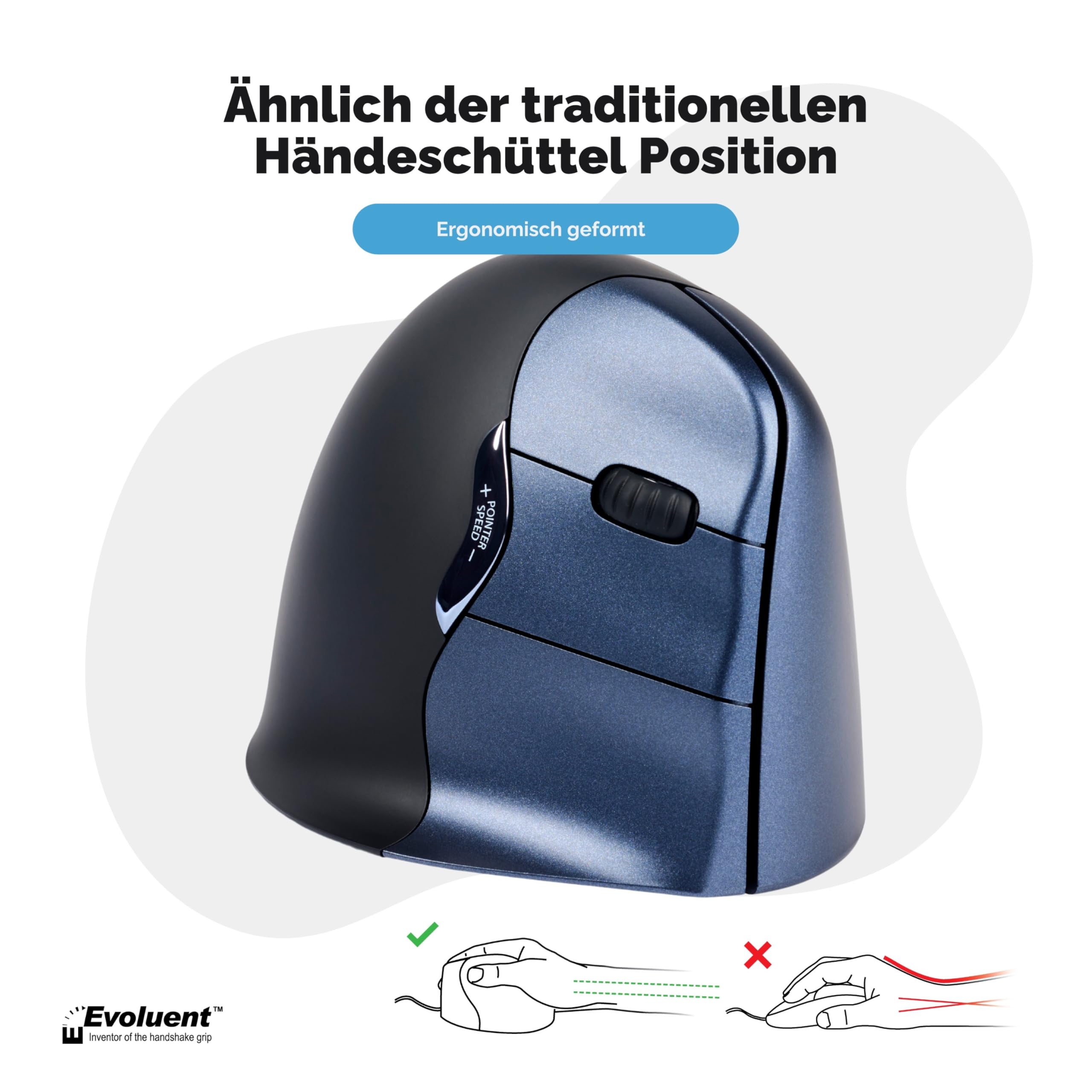 BakkerElkhuizen Evoluent4 Wireless, Vertikale Ergonomische Maus, Computermaus für Büro/Office/Home Windows PC Laptop, Rechtshänder, Kabellos, schwarz/blau/Silber