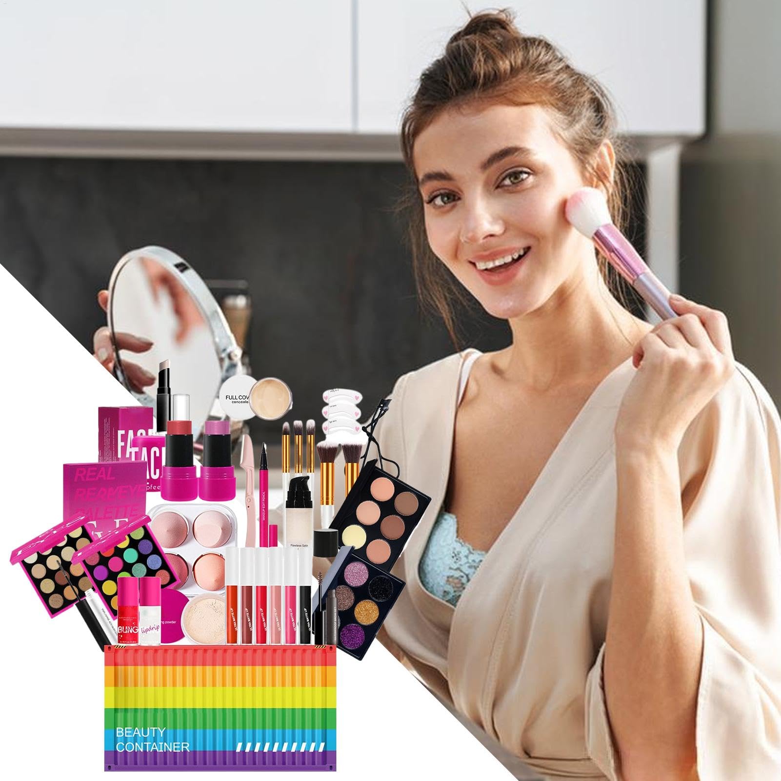 Zestaw do makijażu dla kobiet, Make Up Women Full Kit Trwa szminka | Pełny makijaż cień do powiek szminki glos gloska kosmetyczna szczotka z torbą do przechowywania dla kobiet dziewcząt