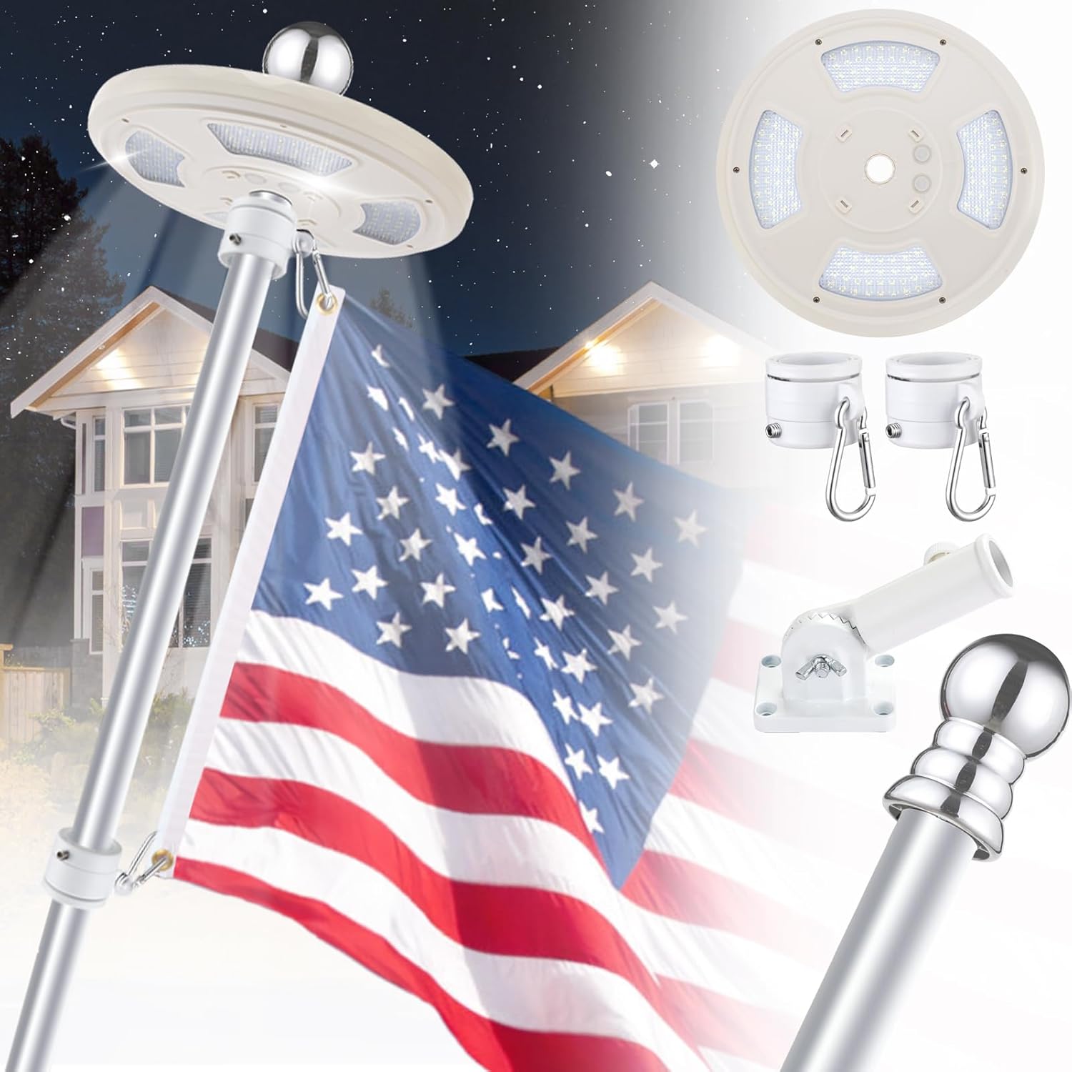 6FT Sliver Flag Pole Kit with Solar Light for House - 126 LED Light Solar Powered, Tangle Free Metal Flagpole - 10 Hour Dusk to Dawn Flagpole Set for Outdoors Decor(Not Include Flag)