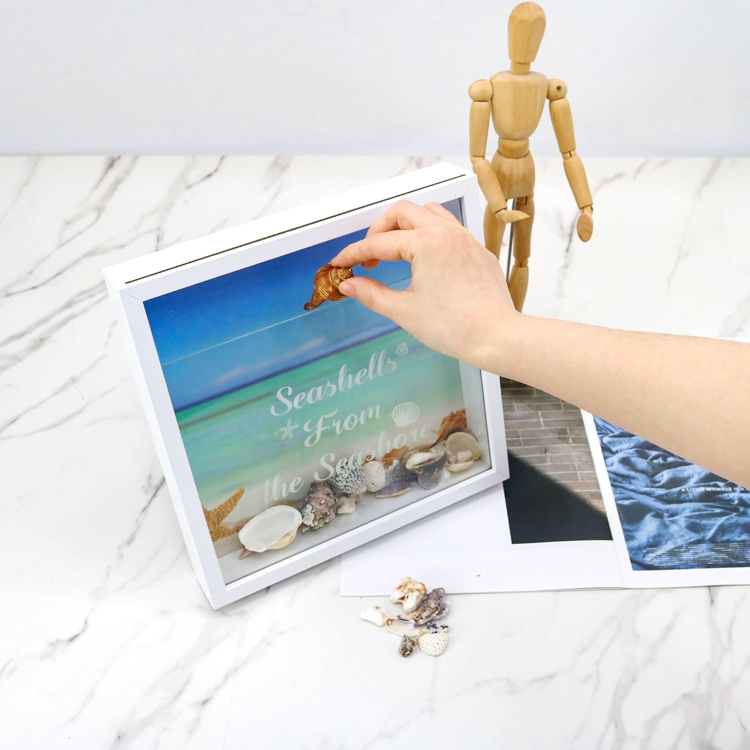 FramePro 10"x10" Seashell Holder Display Box-Seashells Agates Shark Teeth Starfish Trinke, Seashell Collection Box Decorative Shadow Box with Real Glass ,Wall Mount or Tabletop (White)
