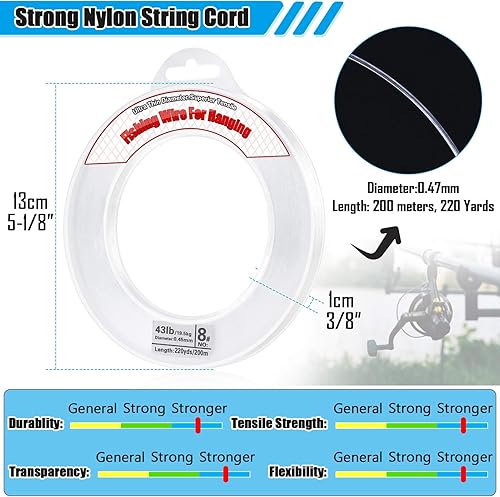 Miniatura 5 de Acejoz - Alambre de pesca transparente, línea de pesca de 656 pies, alambre transparente invisible para colgar, cuerda de nailon fuerte que soporta