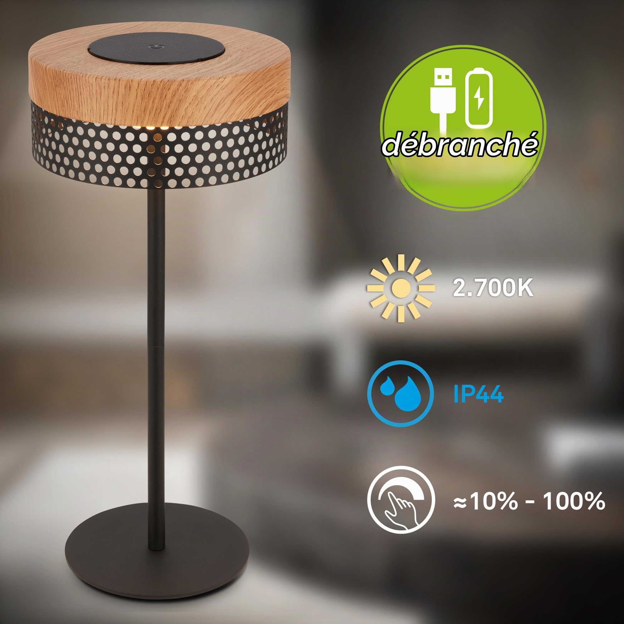 BRILONER - Lampe de table sans fil LED IP44 avec touch, à intensité variable, batterie remplaçable, lampe de chevet sans fil, lampe de salon à poser, 16x35 cm, noir bois