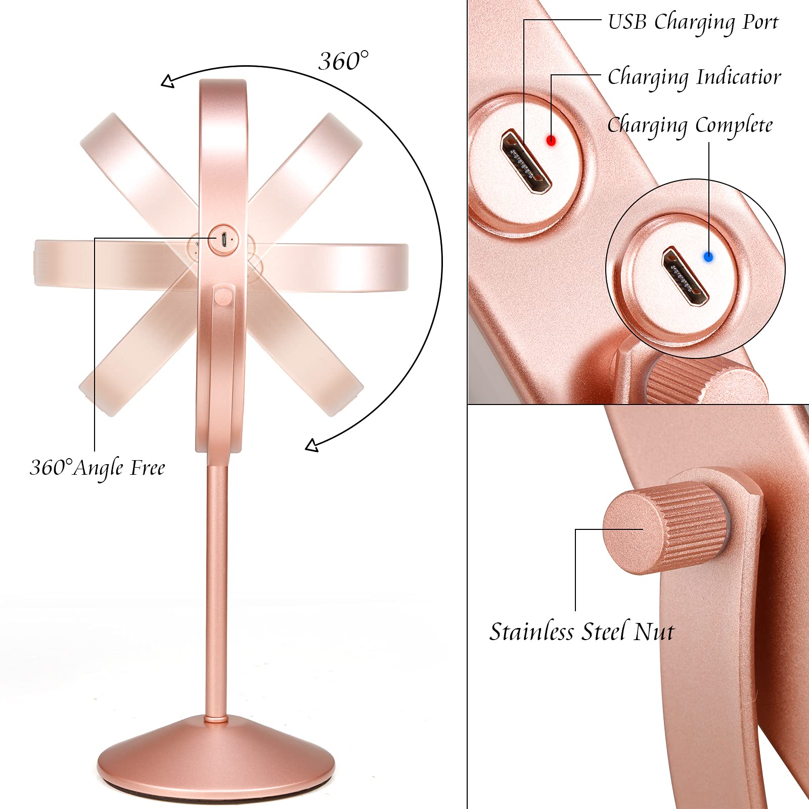 Specchio di Vanity LED Ingrandito 7x Ricaricabile USB Specchio per il Trucco Rotazione di 360 Gradi Specchio da Tavolo con Luminosità del Touch Screen Regolabile (Rose Gold)