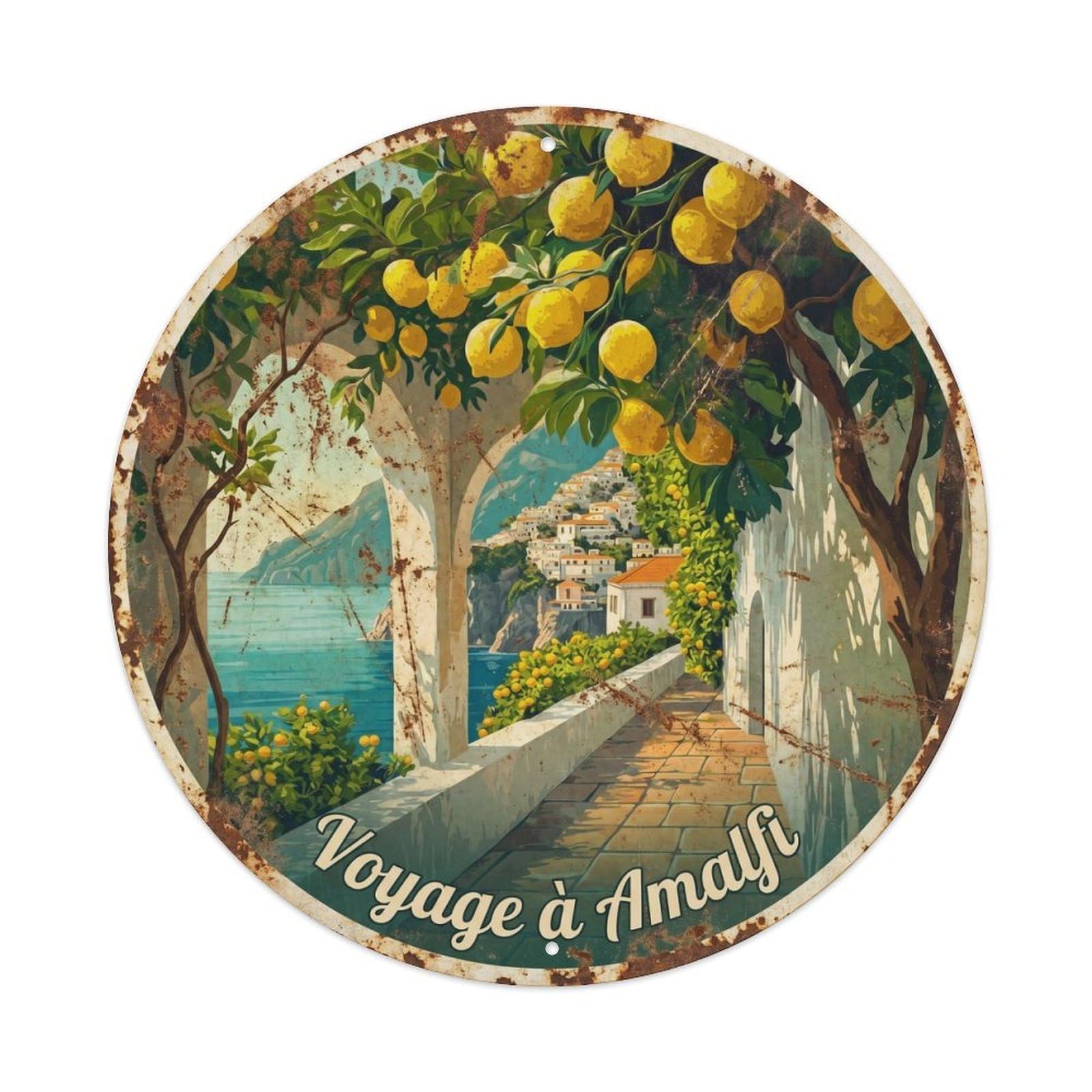 Mediterranean Amalfi Pathway Vintage Destination Panorama Metal Tin Sign Plaque Wall Decor for Cafe, Man Cave, Club Bar, Office, Home Garden Round Metal Poster 8x8Inch