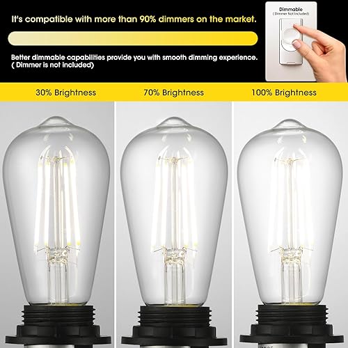 Miniatura 5 de Gozelux Edison Bombillas equivalentes a 60 W, bombillas LED vintage regulables, base mediana E26, blanco frío 4000 K, ST58, 6 W, 750 LM, 90+ CRI,
