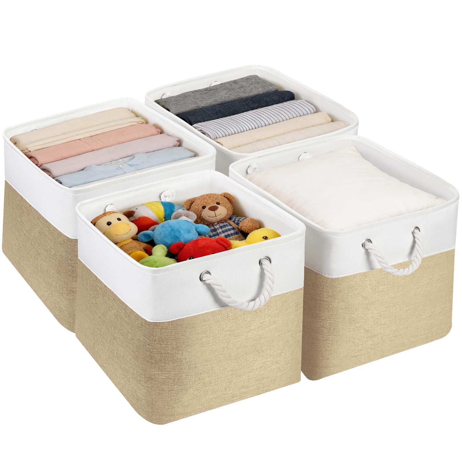 JUNLAI 4 Pack Fabric Storage Boxes, Kallax Storage Boxes 33 x 38 x 33 with Handles, Foldable Large Storage Basket for Office & Home, Book, Clothes, Toys(Khaki-White)