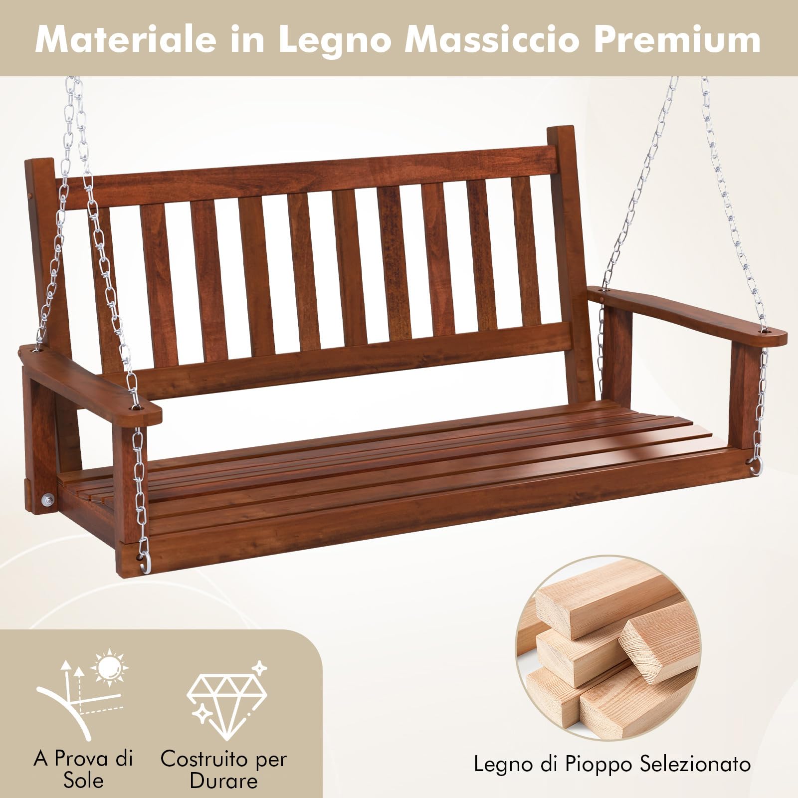 COSTWAY Altalena da Giardino in Legno per 2 Persone, Panchina Sospese in Legno con Capacità di Peso di 230 kg, Sedia a Dondolo per Giardino, Cortile (Marrone, 136 x 67 x 63 cm)