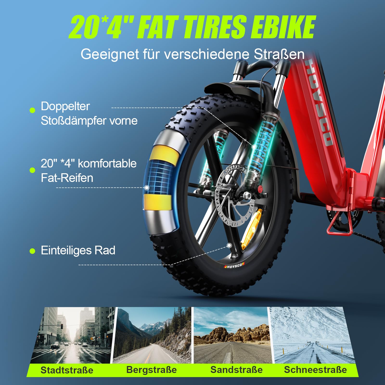 HOVSCO Faltbares E Bike für Erwachsene mit App-Steuerung & Federung, Elektro Fahrrad 48V/15AH Akku 250W faltbar Fatbike 20"×4.0" Reifen, Alu-Durchstieg-Rahmen, bis 204kg