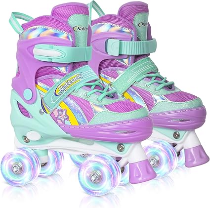 Nattork Patines de ruedas para niñas, 4 posiciones, ajustables, arco iris, el mejor regalo de cumpleaños para deportes a