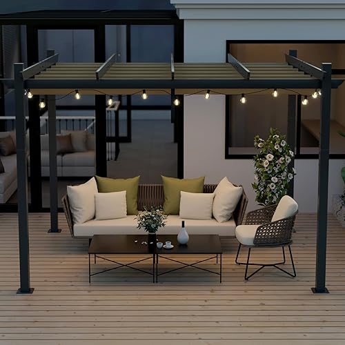 Miniatura 9 de Tangkula Pérgola de 10 x 12 pies, pérgola de aluminio resistente para exteriores con toldo retráctil, pabellón de refugio de patio extragrande,