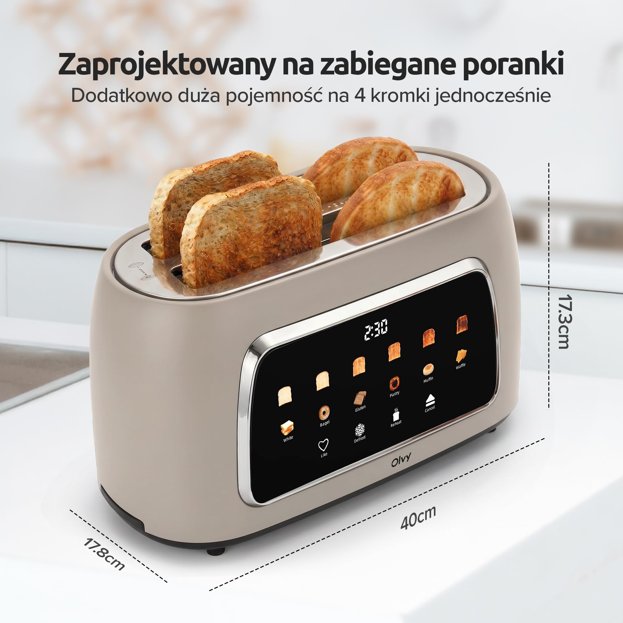 Olvy Toster na 4 Kromki z Wyświetlaczem LCD i Timerem Odliczającym – Ekstra Szerokie Szczeliny na Gruby Chleb – 6 Poziomów Zrumienienia, Rozmrażanie i Podgrzewanie – 1500W – Beige