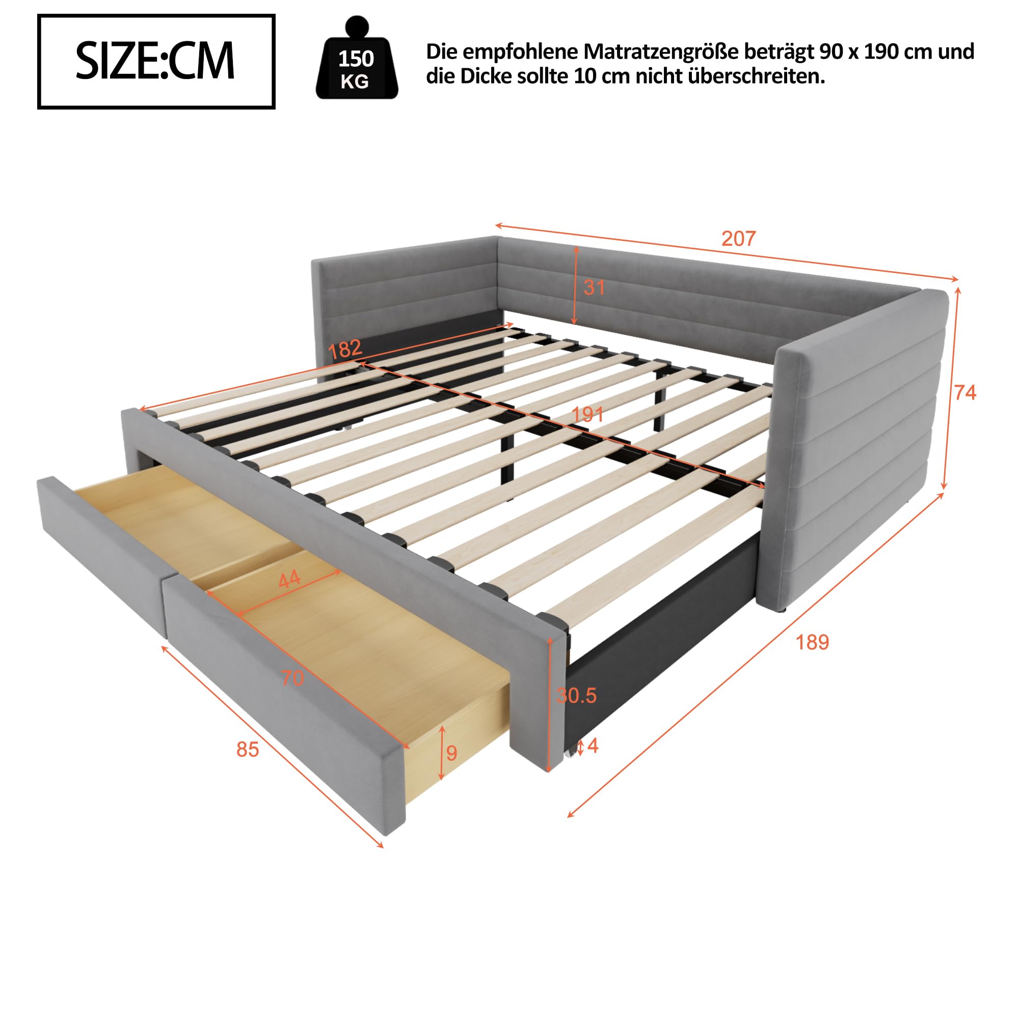Soweiz Lettino imbottito 3 in 1 divano letto estraibile 90 x 190 cm, letto con cassetti, trasformabile in singolo/matrimoniale con rete a doghe, cotone e lino (senza materasso) (grigio)