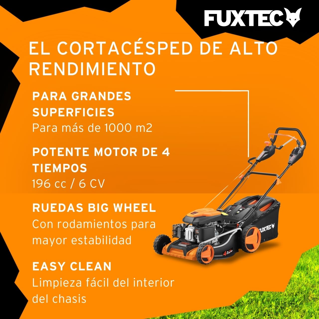 FUXTEC FX-RM5170PRO cortacésped Gasolina 4en1, 170 cm³ / 4 CV, 51 cm Ancho, Altura Ajustable, autopropulsado con Velocidad Variable, Bolsa 60 L, Mulching y Descarga Lateral.