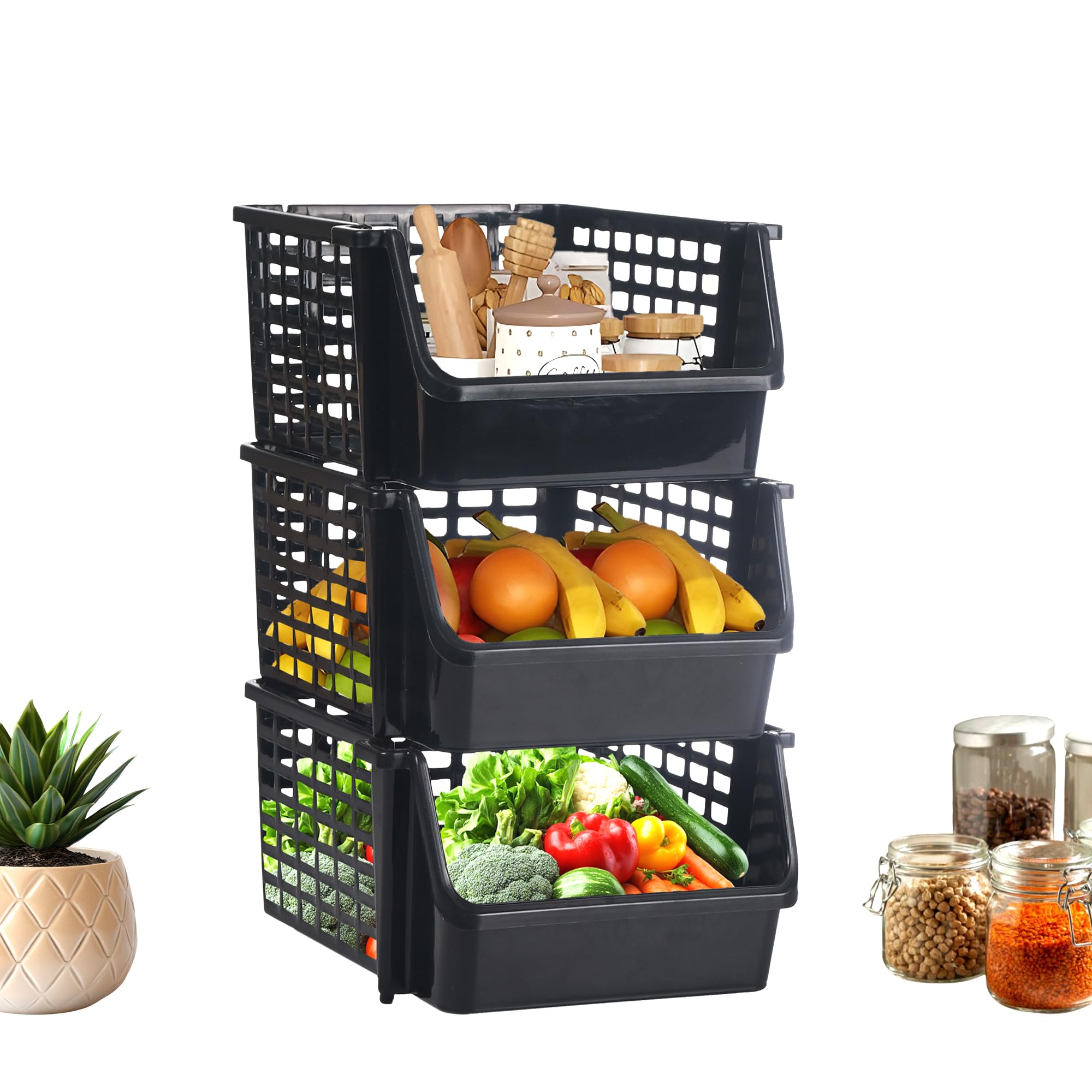Kuber Industries 3 Tier Plastic Bathroom Organiser Rack for Storage | Stackable Rack for Kitchen | Home & Office Stationery Organizer | Basket Shelf for Vegetable and Fruits | Black