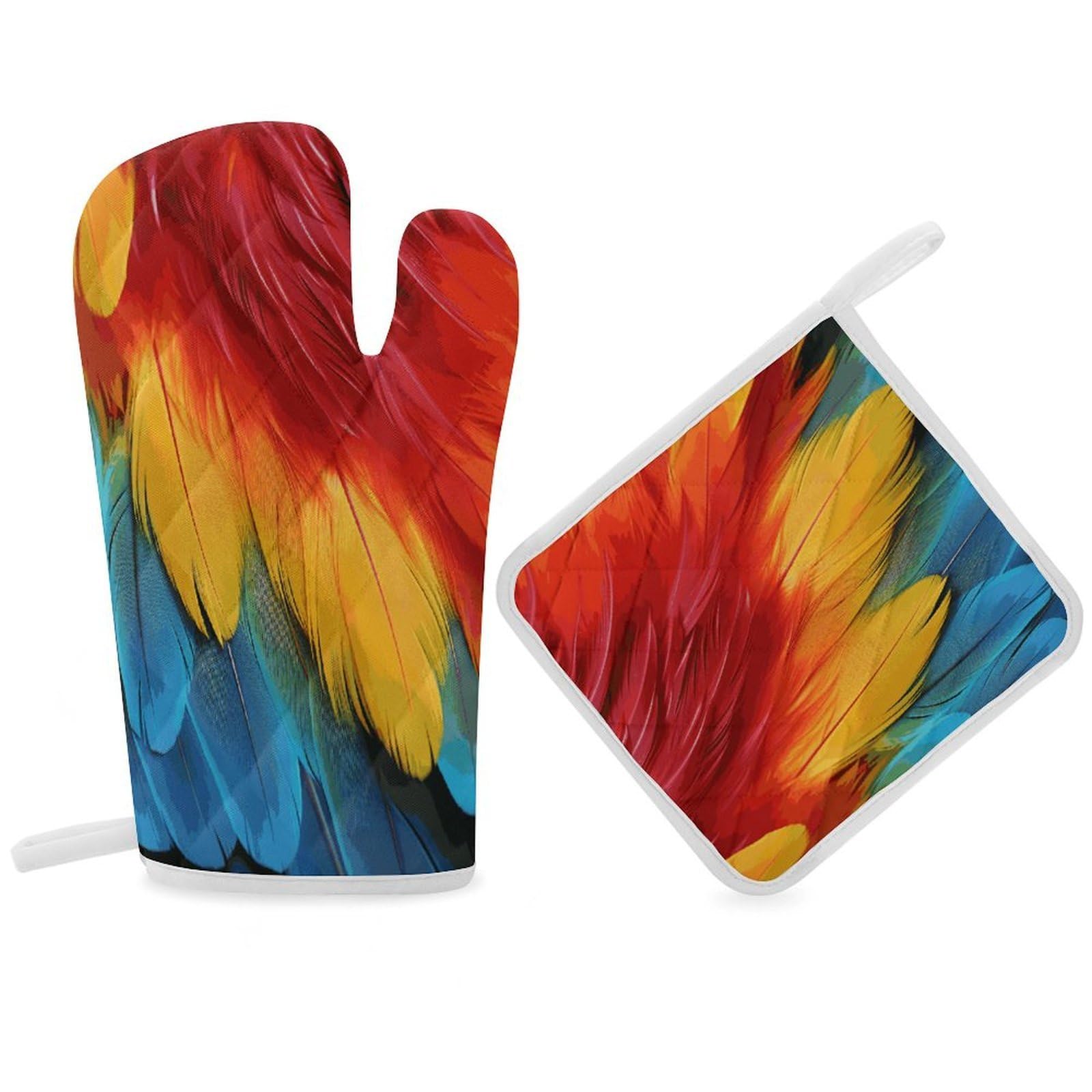 Fodpand Women's Style Fantastic Parrot Feather Oven Mitts And Pot Holders Sets,Oven Gloves For Kitchen Oven Mitts And Potholders For Baking Cooking Grilling Apartment Essentials