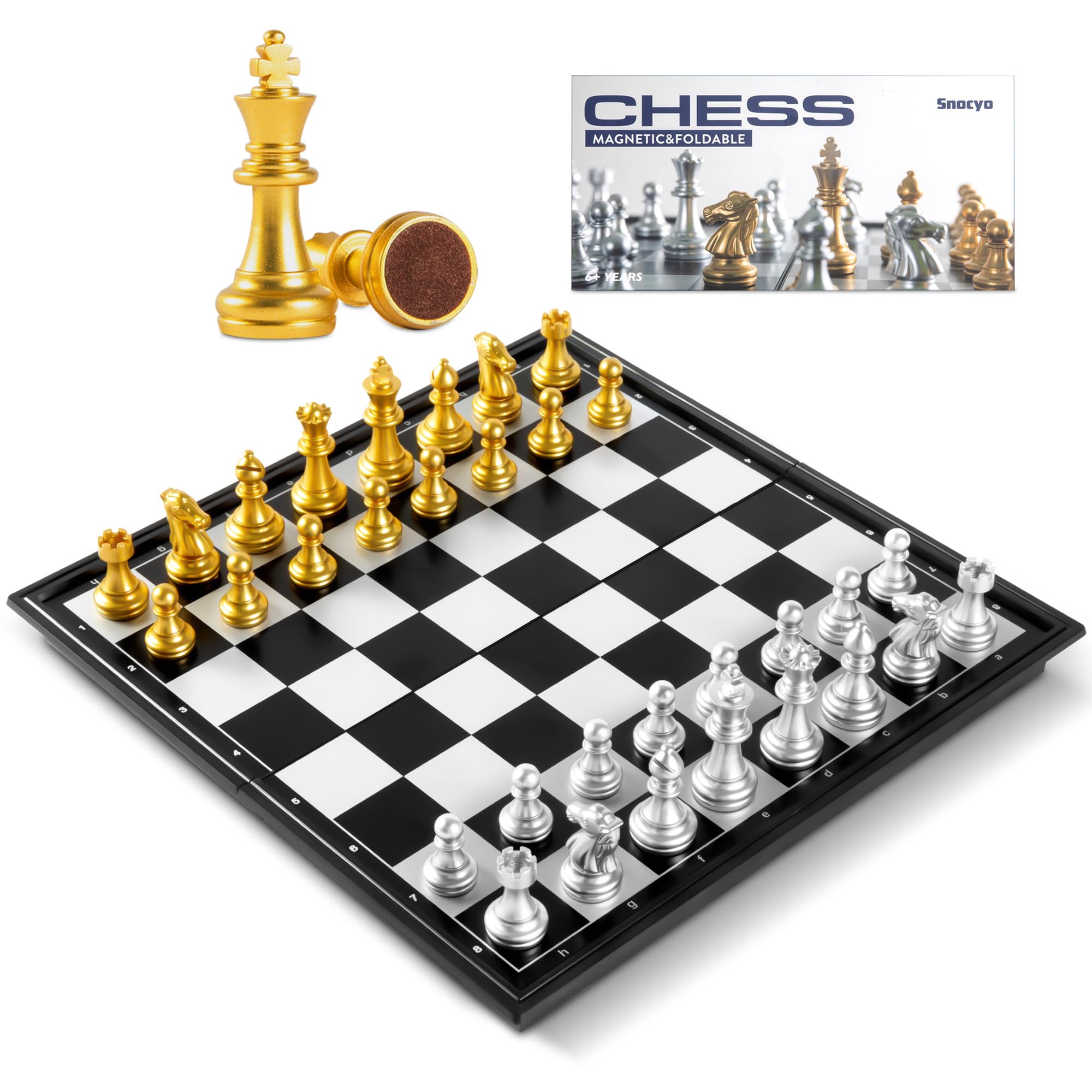 Snocyo Chess Board Set, Magnetic Folding Chess Set, Educational Toys Gifts, Portable Travel Chess Games, Board Games For Kids Adults (Glod/Silver)