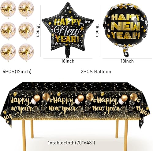 Miniatura 3 de NEY Party Supplies 2026 Decoraciones 2026 Feliz Año Nuevo con fondo negro dorado, mantel, globos grandes de aluminio, látex, globos de confeti para