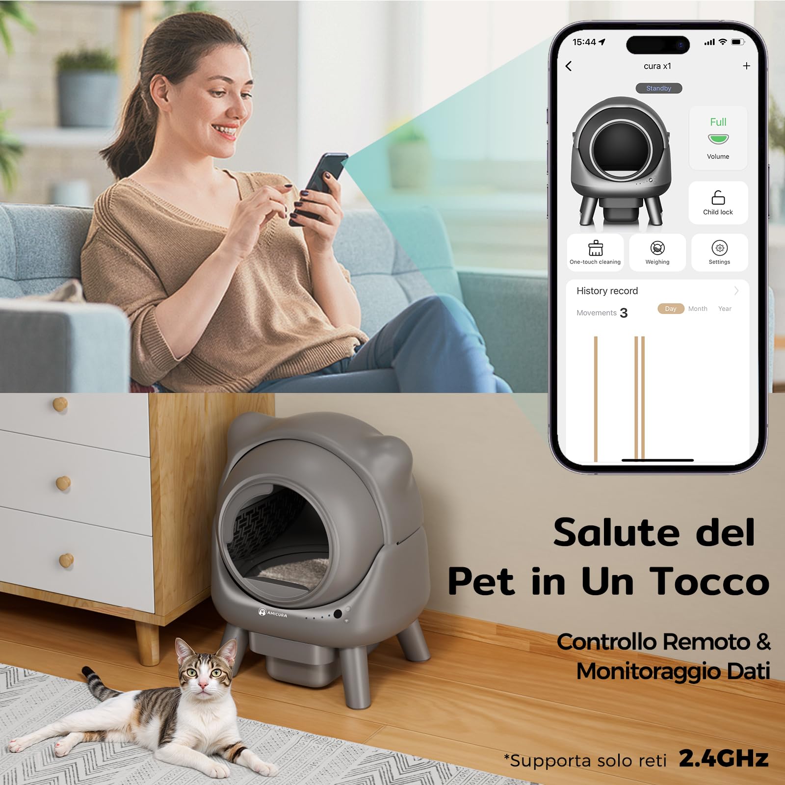 Amicura Cura X1 Lettiera Automatica per Gatti con 10 Protezioni di Sicurezza - Lettiera Gatto Autopulente con App Controllo Remoto, 60L Grande Capacità, Controllo Degli Odori, Silenziosa (<32dB)